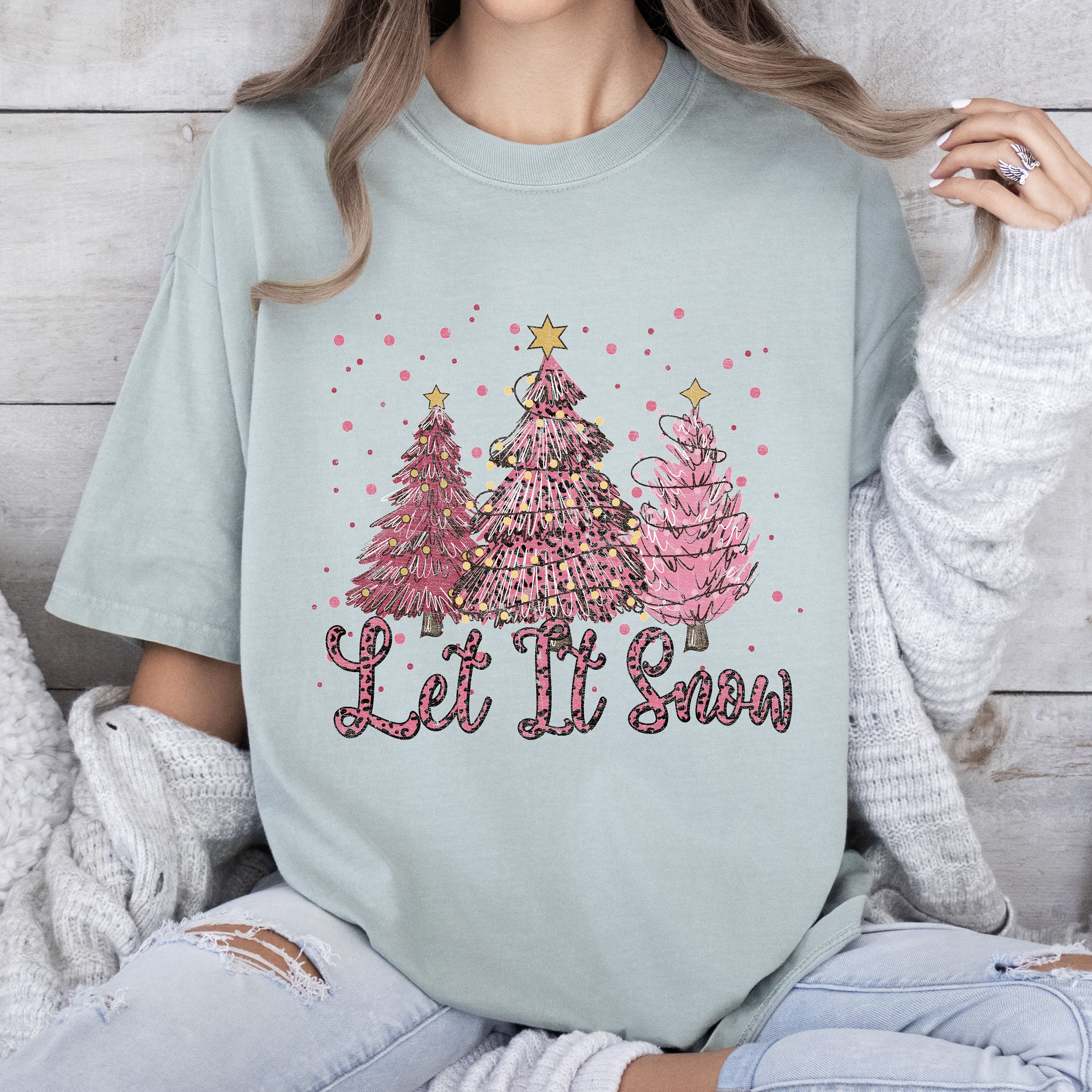 Let It Snow Pink Christmas Trees Vintage Edition Festive Holiday Graphic Comfort Colors Tee