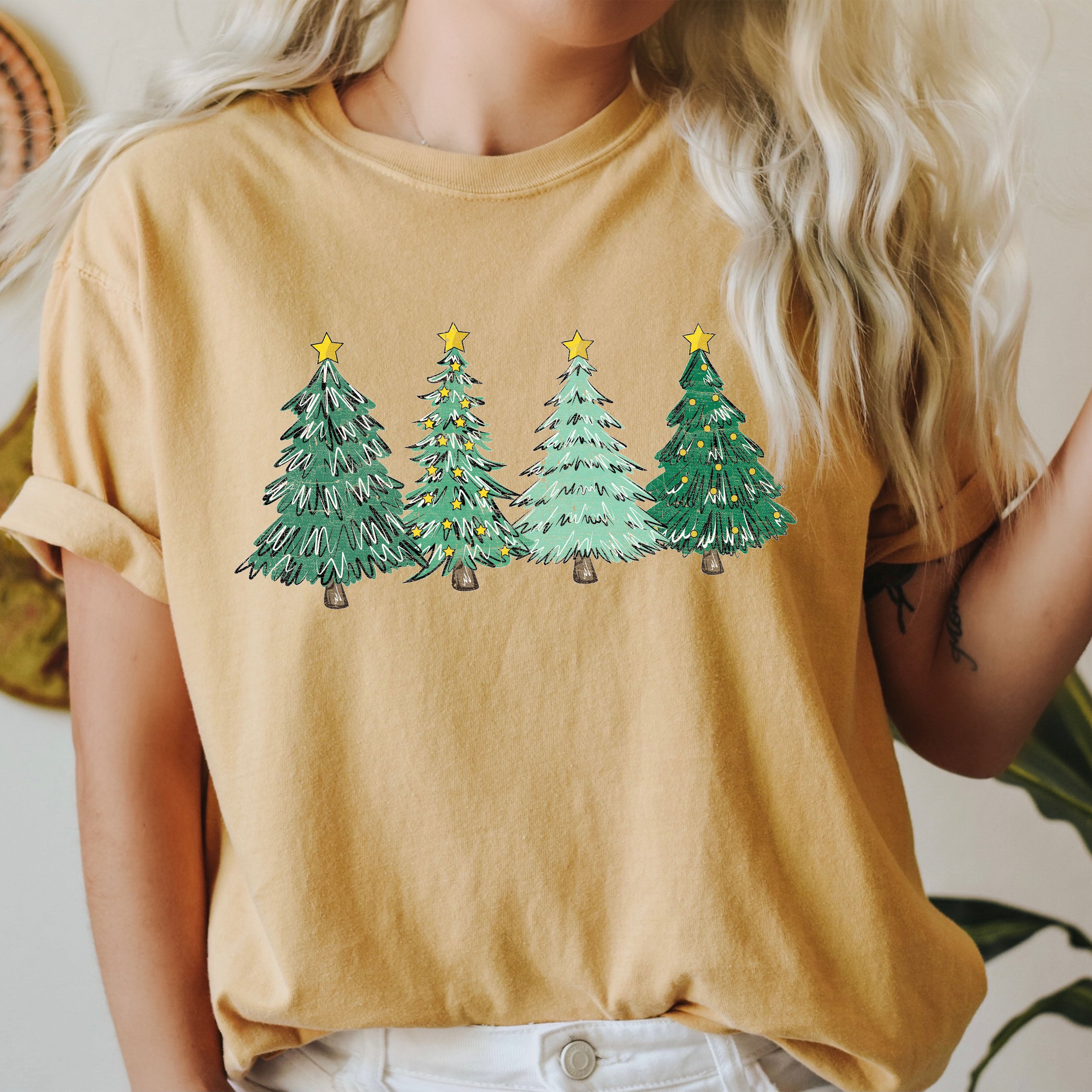 Retro Christmas Trees Nostalgic Holiday Village Scene With Vintage Ornament Accents Comfort Colors Tee