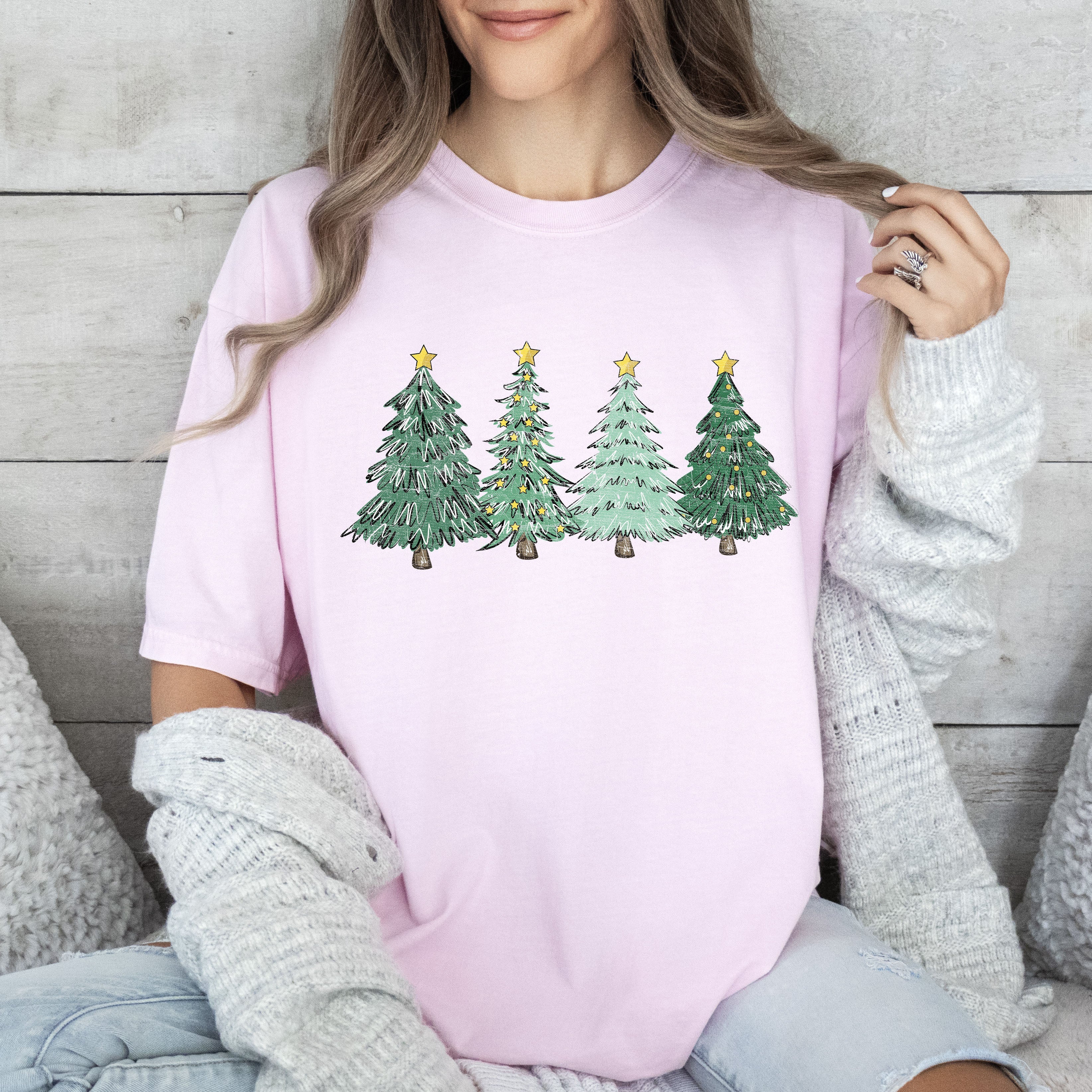 Retro Christmas Trees Nostalgic Holiday Village Scene With Vintage Ornament Accents Comfort Colors Tee
