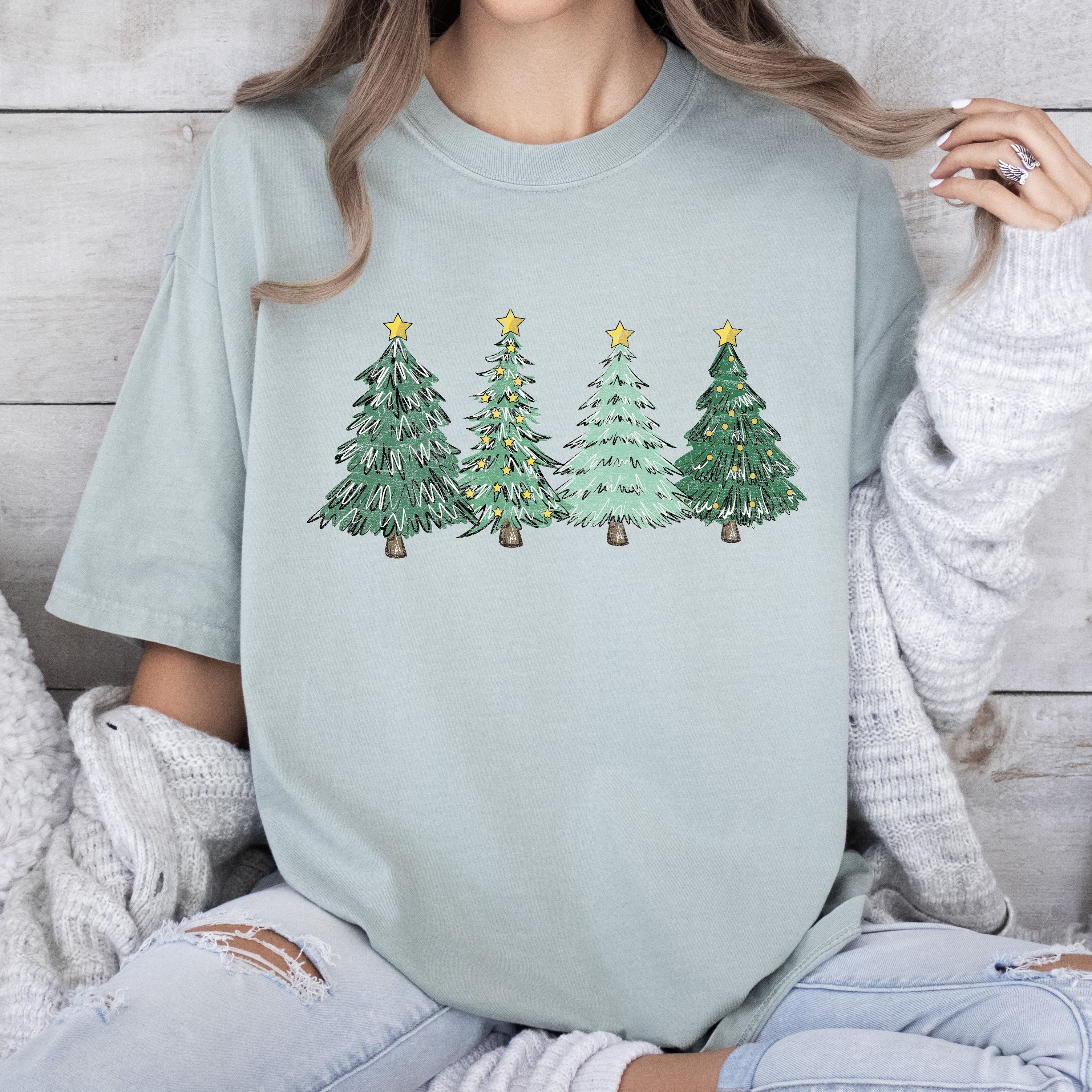 Retro Christmas Trees Nostalgic Holiday Village Scene With Vintage Ornament Accents Comfort Colors Tee