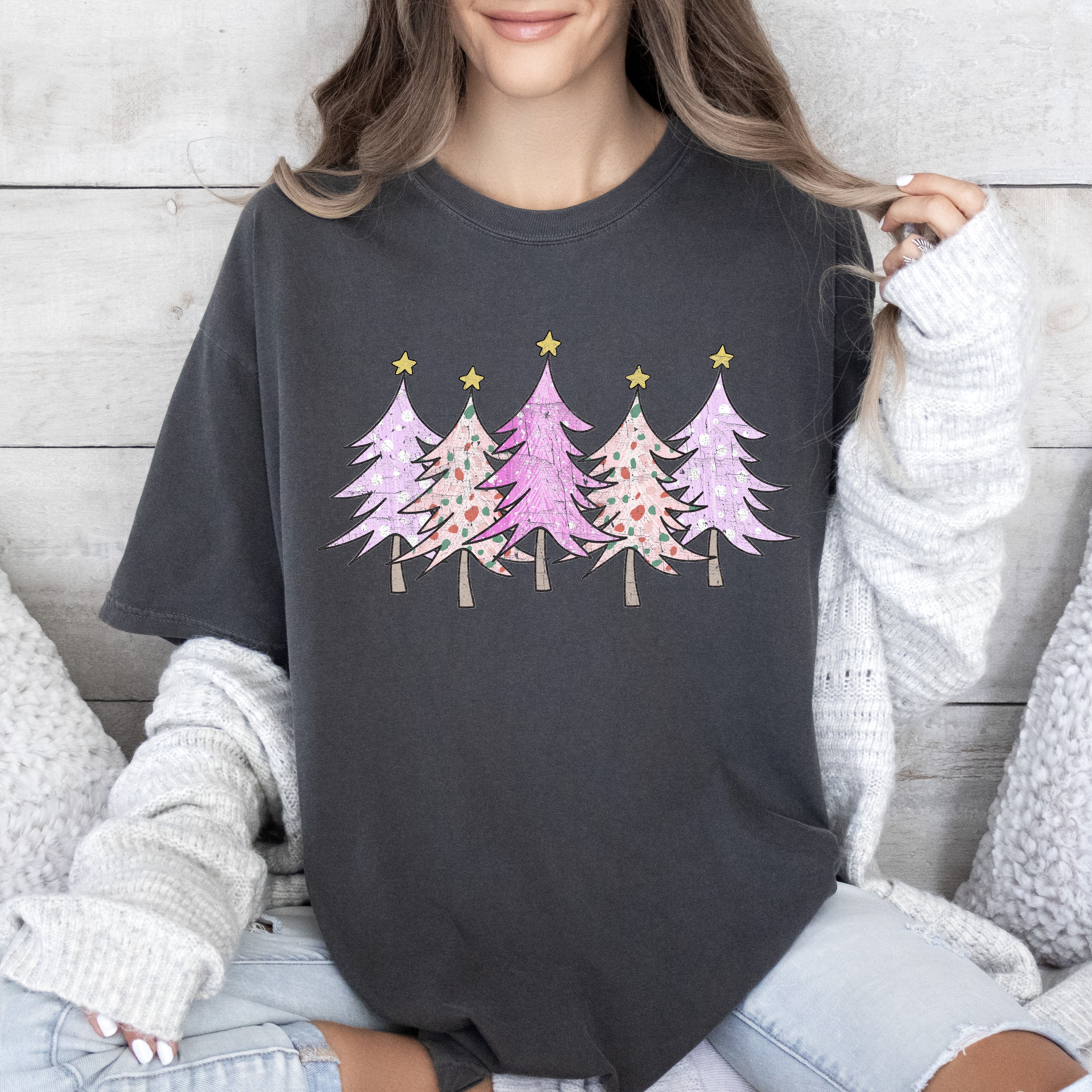 Retro Pink Christmas Trees Vintage Holiday Scene Artwork Print Comfort Colors Tee