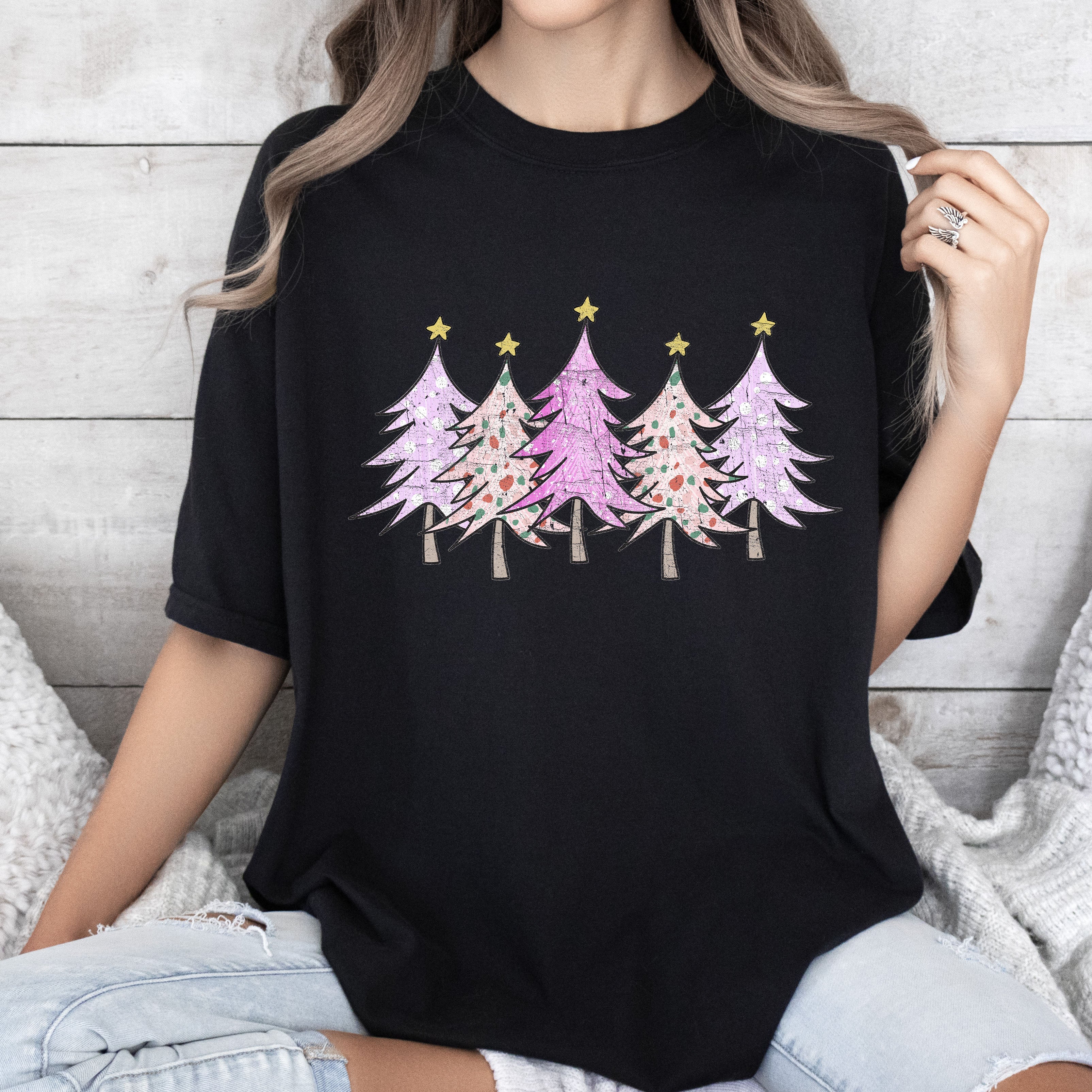 Retro Pink Christmas Trees Vintage Holiday Scene Artwork Print Comfort Colors Tee