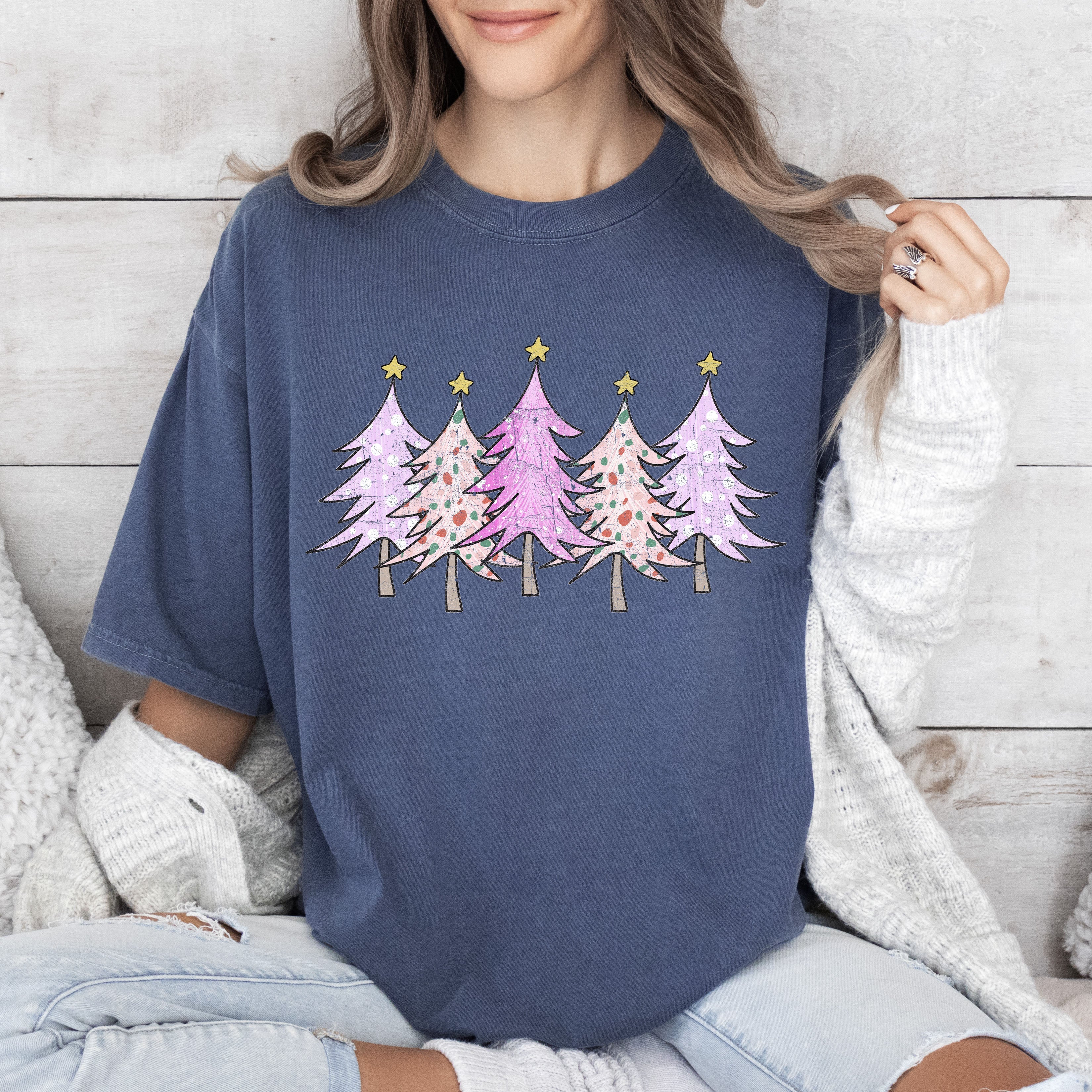 Retro Pink Christmas Trees Vintage Holiday Scene Artwork Print Comfort Colors Tee