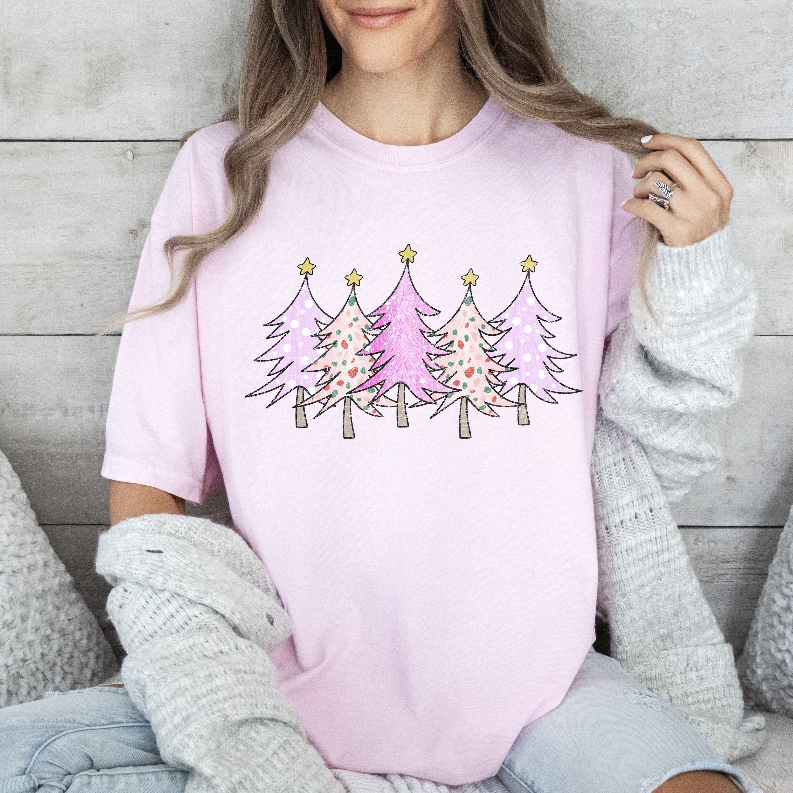 Retro Pink Christmas Trees Vintage Holiday Scene Artwork Print Comfort Colors Tee