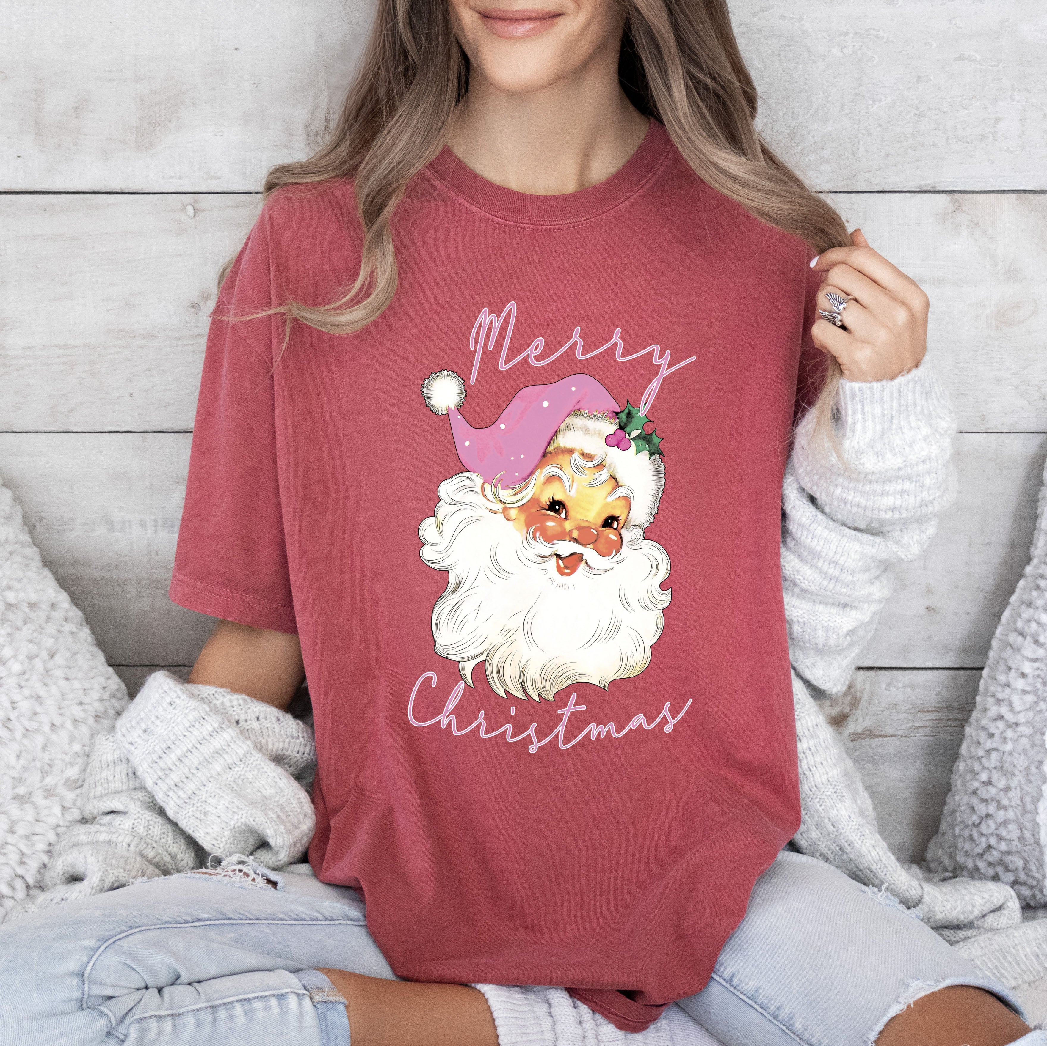 Merry Christmas Pink Santa Vintage Santa Claus Illustration Ornament Edition Comfort Colors Tee