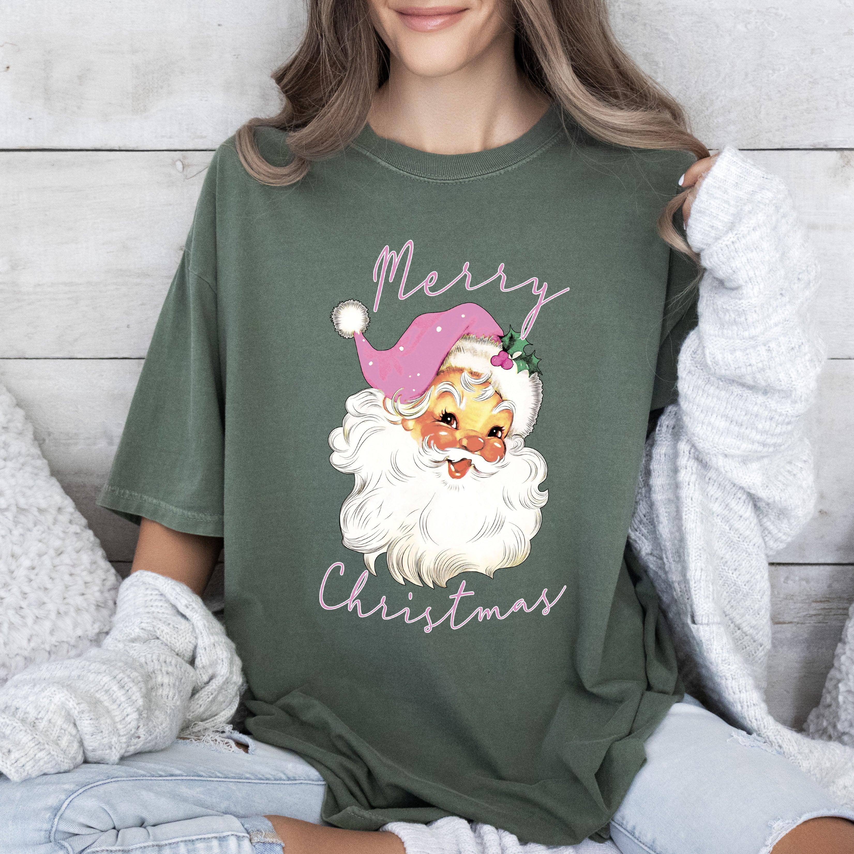 Merry Christmas Pink Santa Vintage Santa Claus Illustration Ornament Edition Comfort Colors Tee