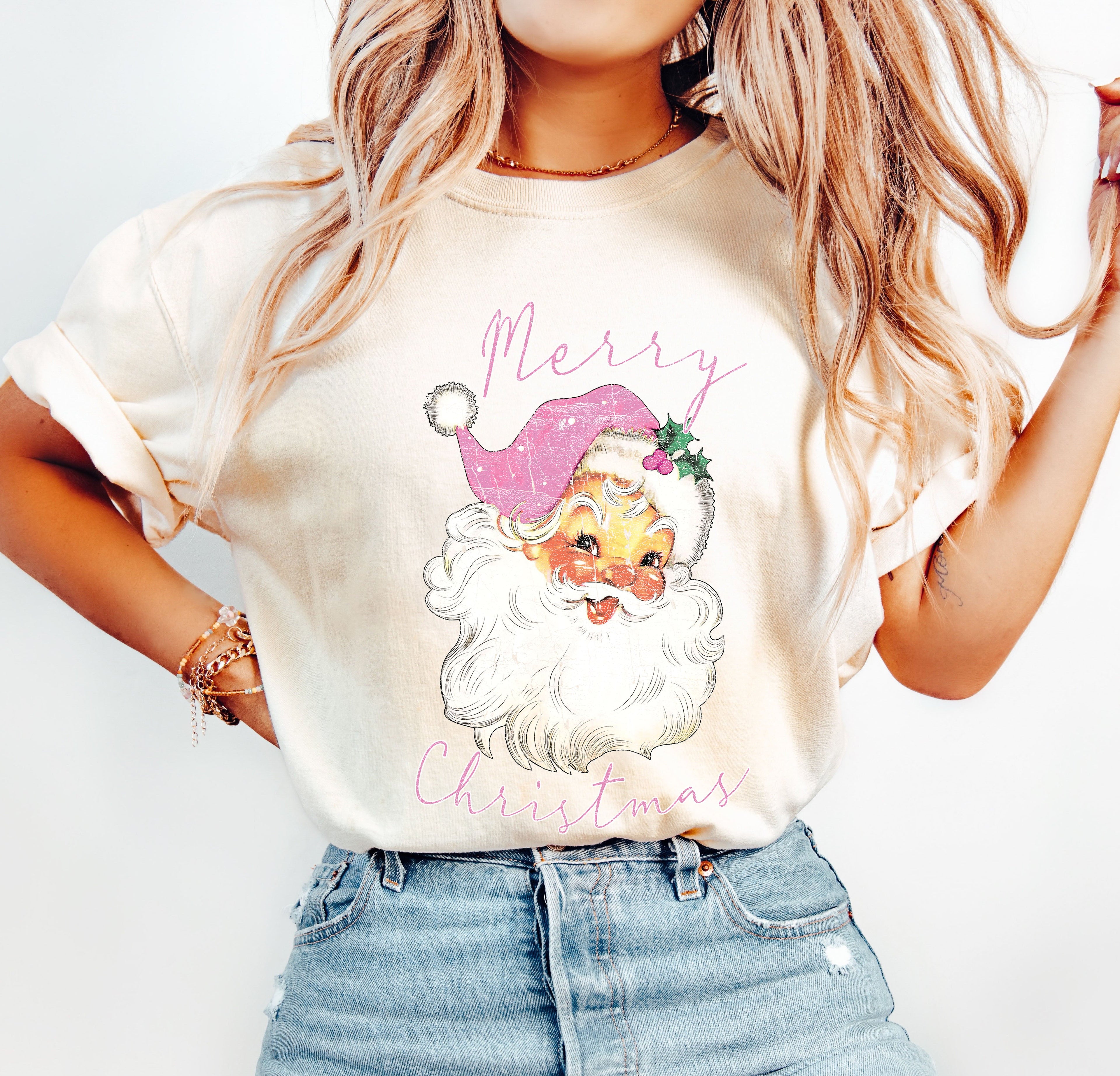 Merry Christmas Pink Santa Vintage Santa Claus Illustration Ornament Edition Comfort Colors Tee
