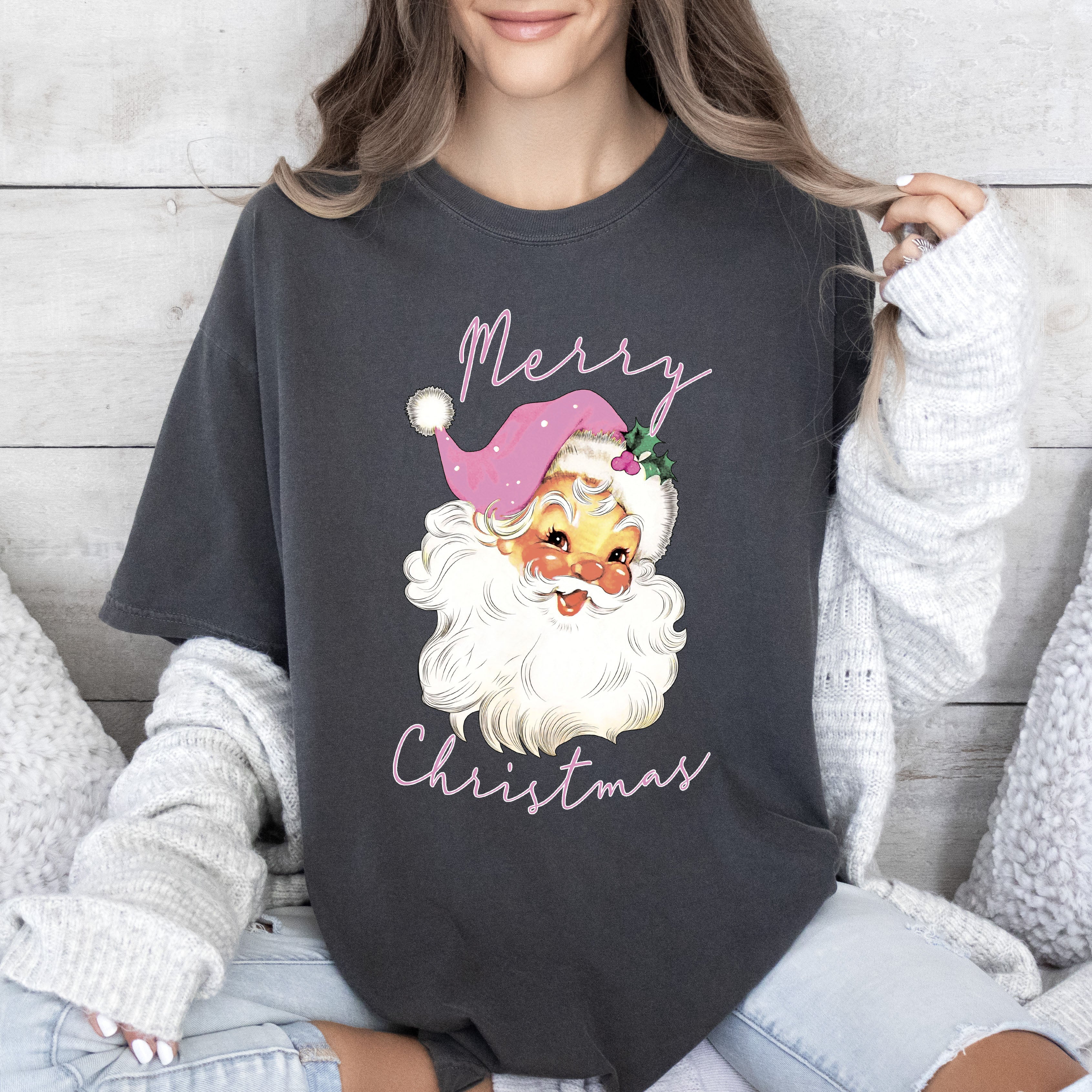 Merry Christmas Pink Santa Vintage Santa Claus Illustration Ornament Edition Comfort Colors Tee