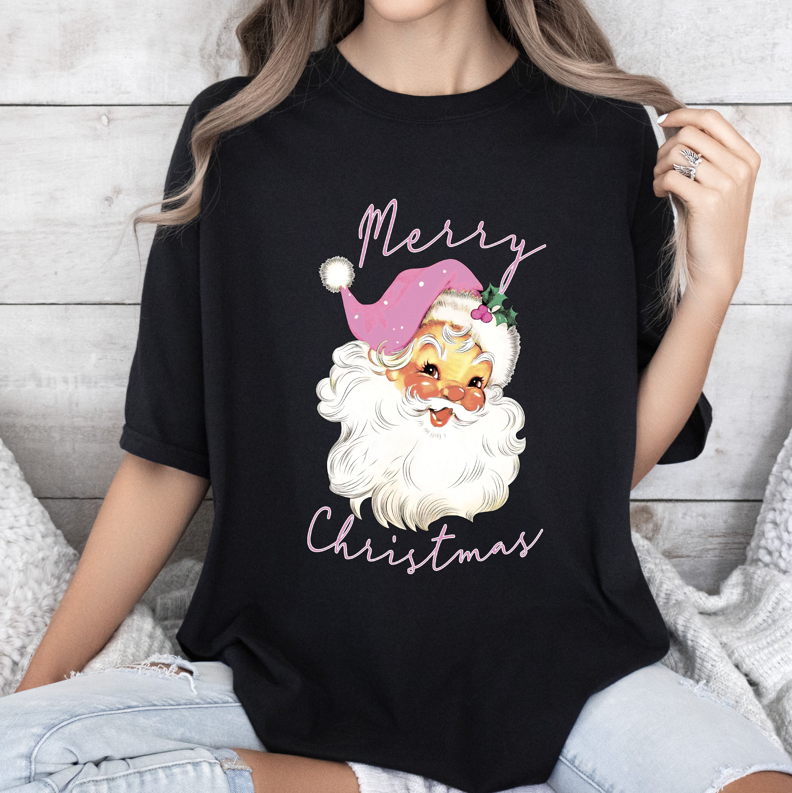 Merry Christmas Pink Santa Vintage Santa Claus Illustration Ornament Edition Comfort Colors Tee