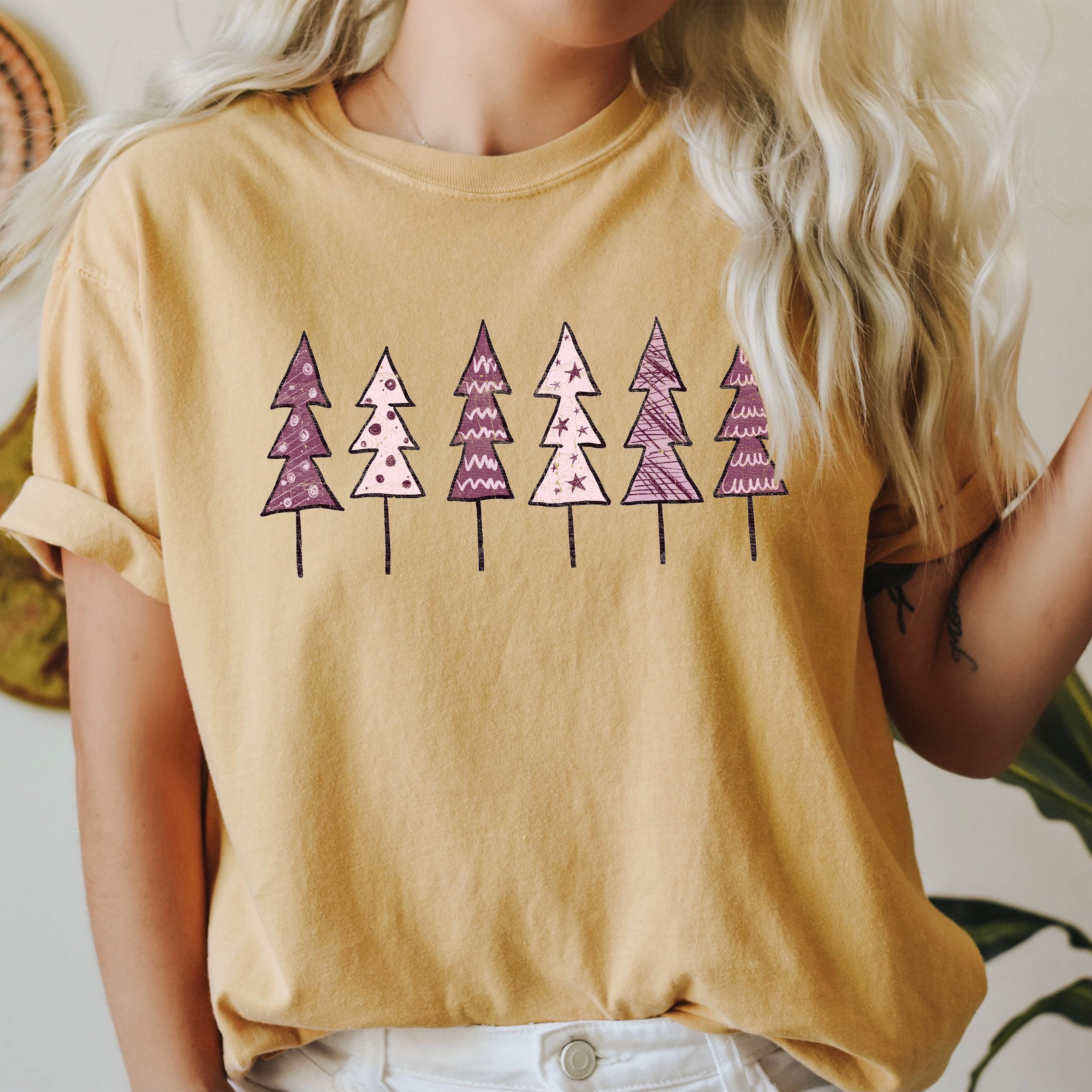 Cute Pink Trees Vintage Christmas Decor Forest Scene With Sparkle Accents And Cozy Charm Comfort Colors Tee