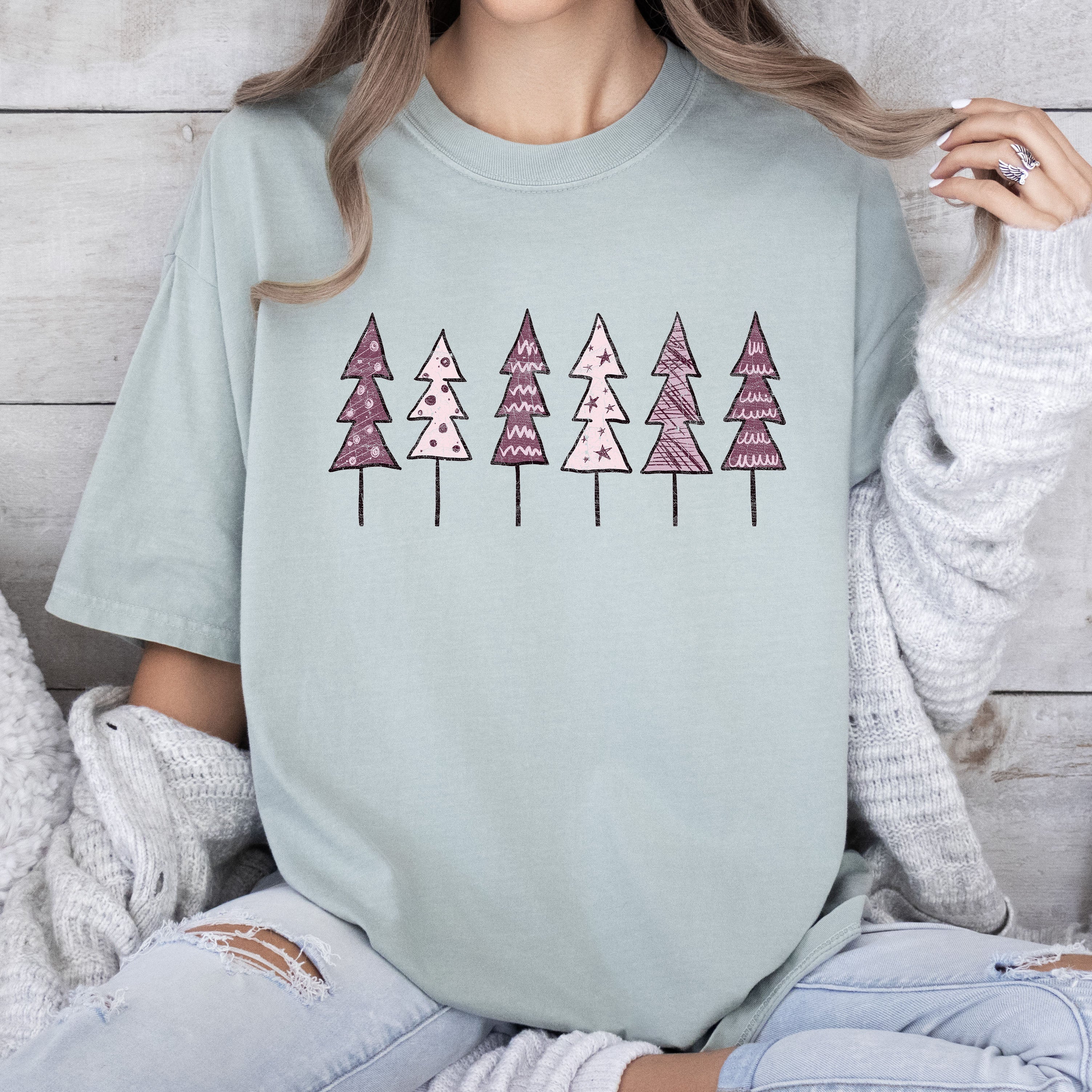Cute Pink Trees Vintage Christmas Decor Forest Scene With Sparkle Accents And Cozy Charm Comfort Colors Tee