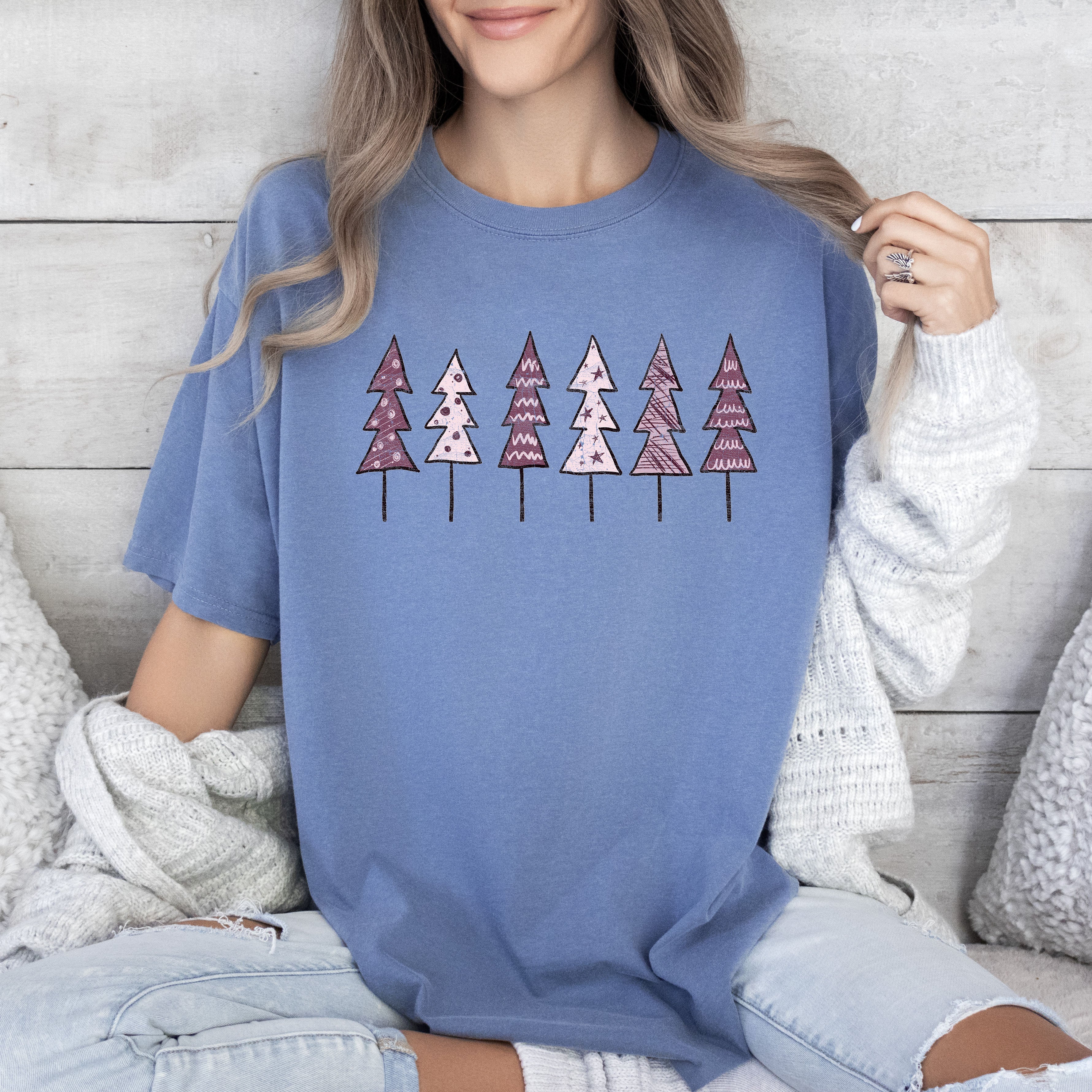 Cute Pink Trees Vintage Christmas Decor Forest Scene With Sparkle Accents And Cozy Charm Comfort Colors Tee