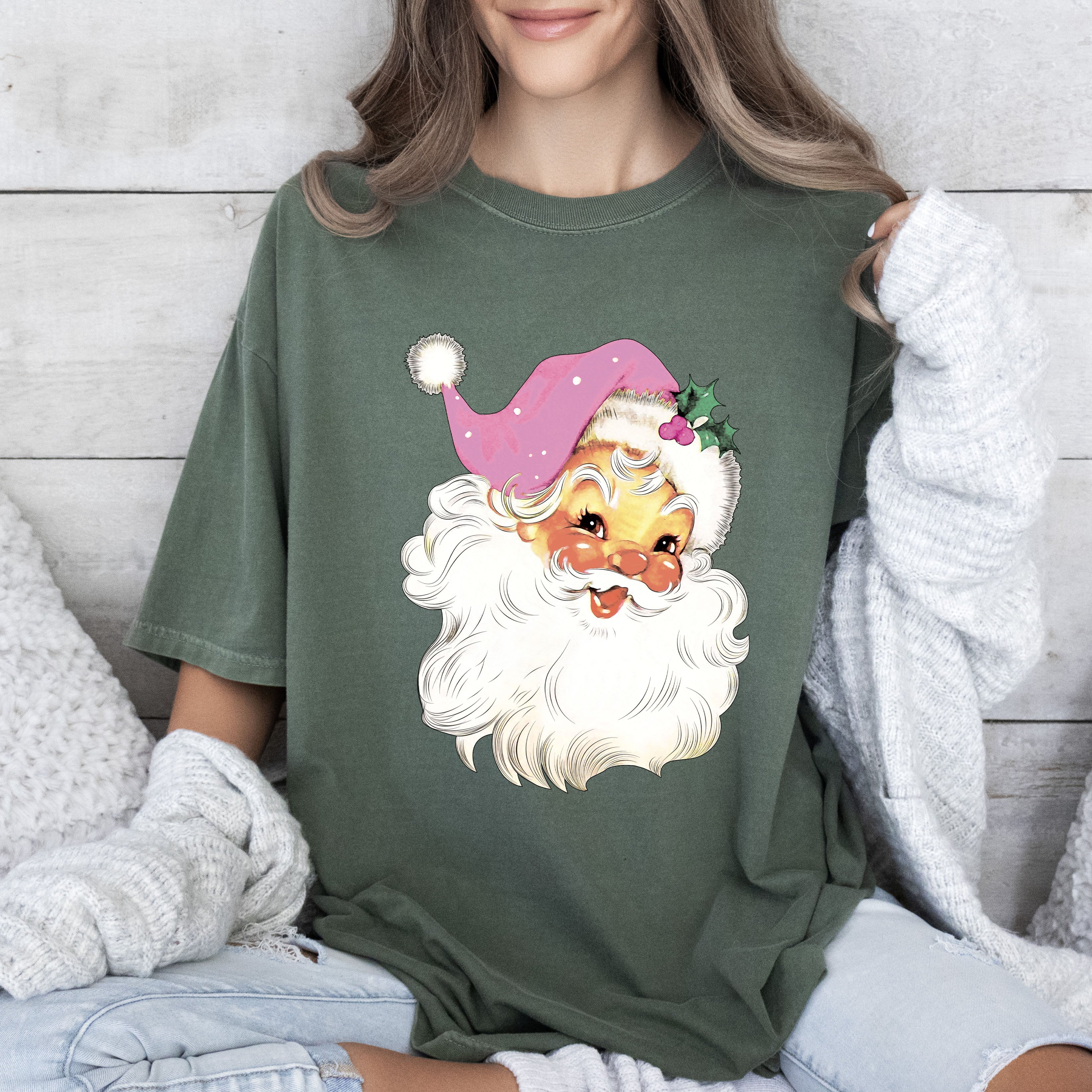 Retro Santa Pink Vintage Santa Claus Graphic Christmas Ornament Night Sky Holiday Cheer Comfort Colors Tee