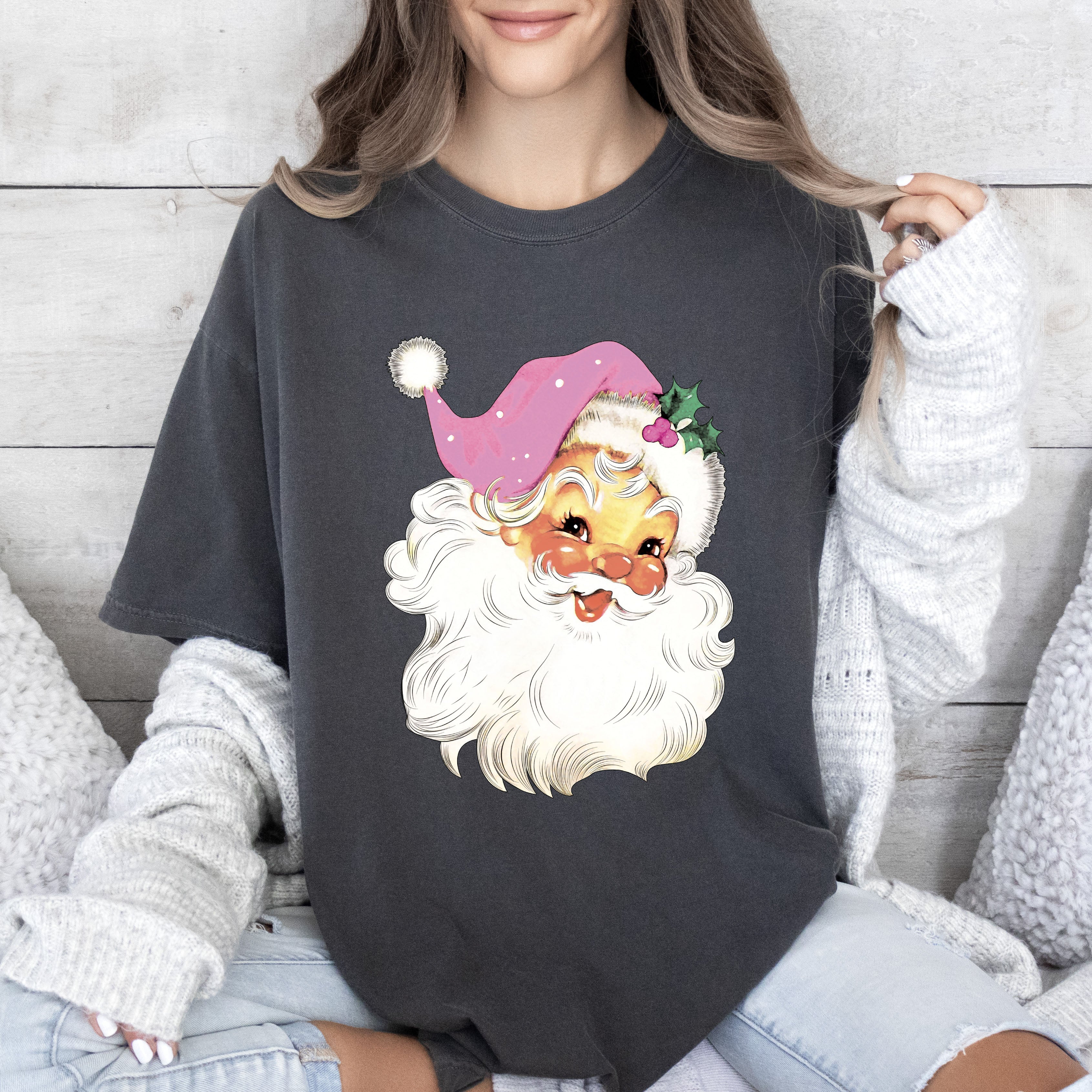 Retro Santa Pink Vintage Santa Claus Graphic Christmas Ornament Night Sky Holiday Cheer Comfort Colors Tee