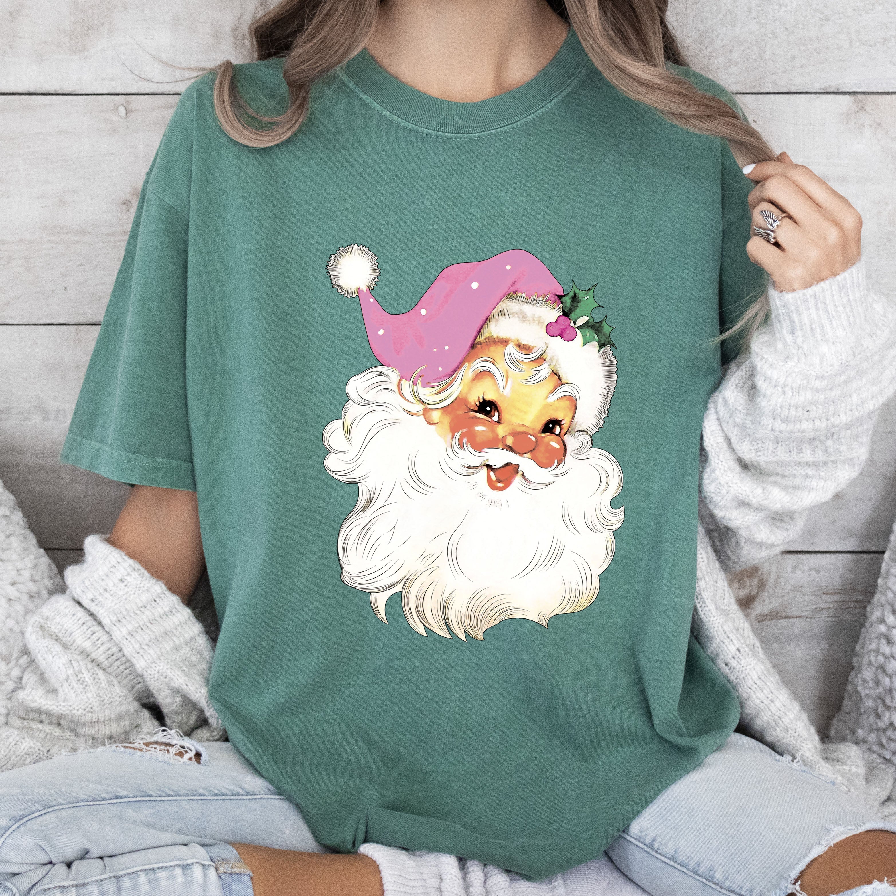Retro Santa Pink Vintage Santa Claus Graphic Christmas Ornament Night Sky Holiday Cheer Comfort Colors Tee