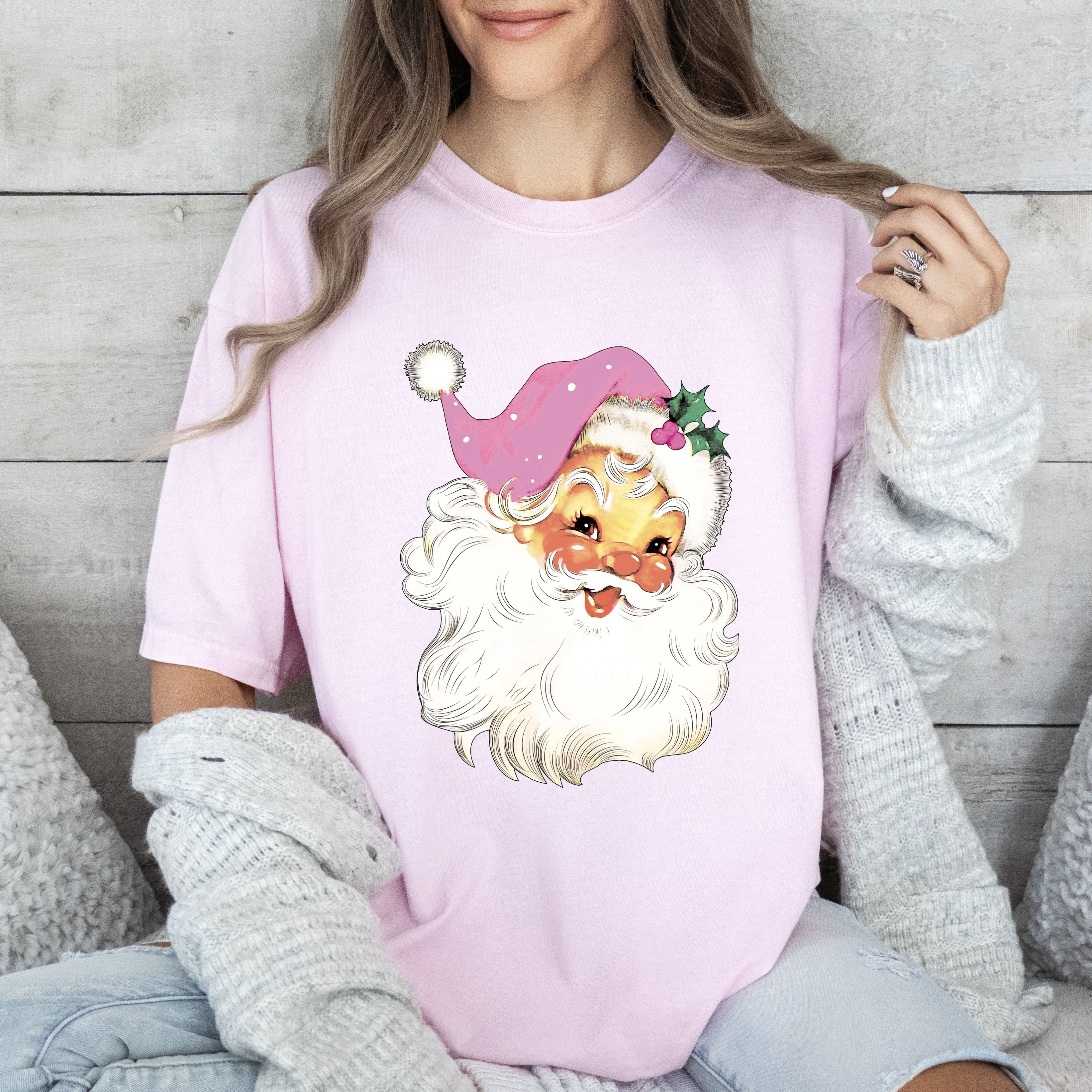 Retro Santa Pink Vintage Santa Claus Graphic Christmas Ornament Night Sky Holiday Cheer Comfort Colors Tee