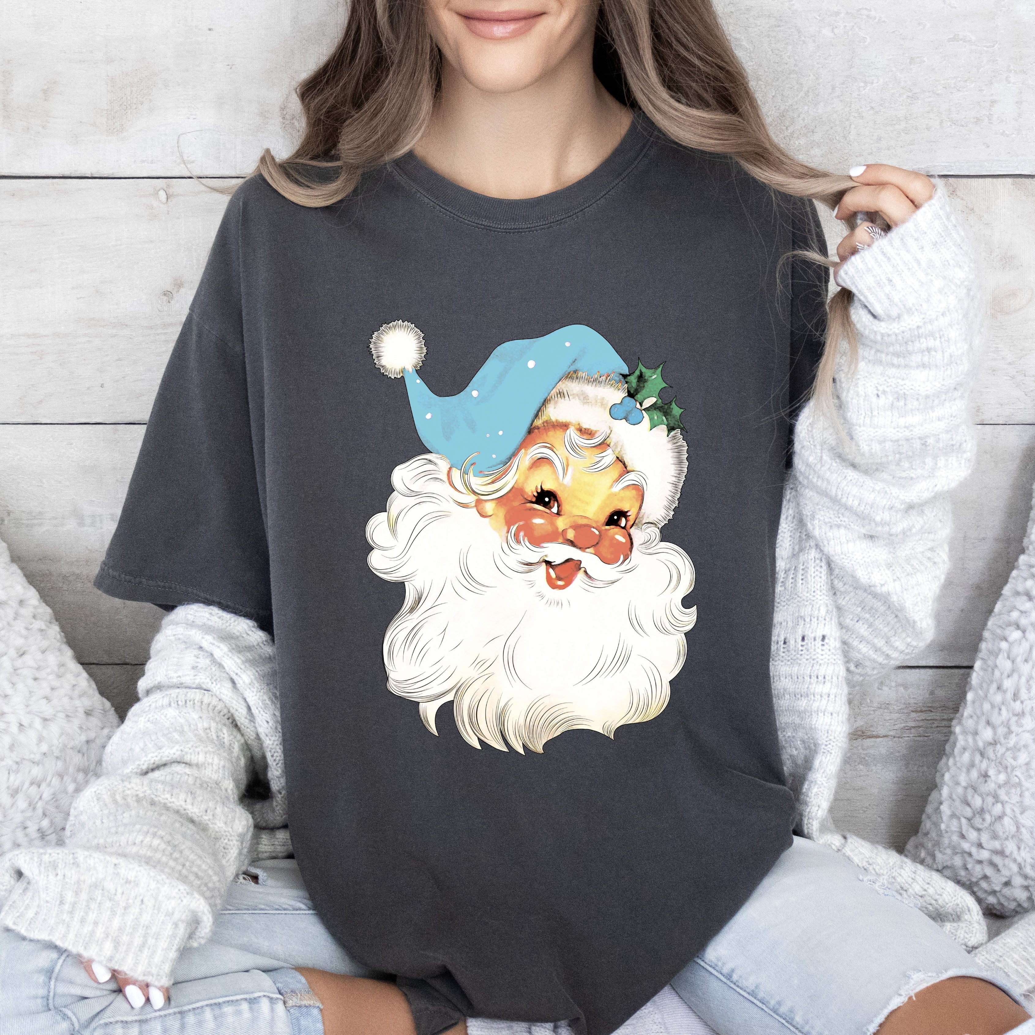 Retro Santa Blue Hat Vintage Christmas Nostalgia Artwork Edition Comfort Colors Tee