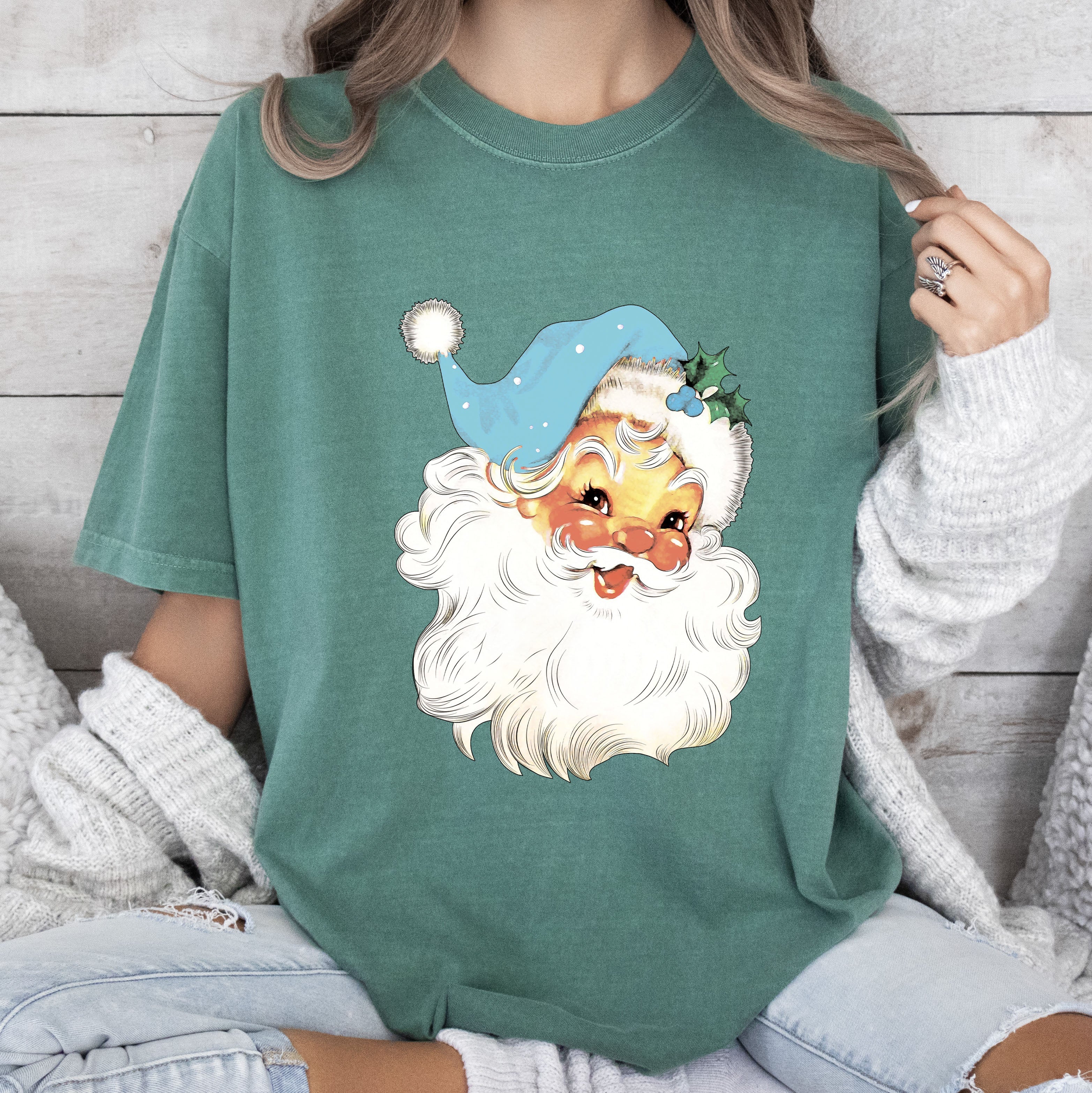 Retro Santa Blue Hat Vintage Christmas Nostalgia Artwork Edition Comfort Colors Tee