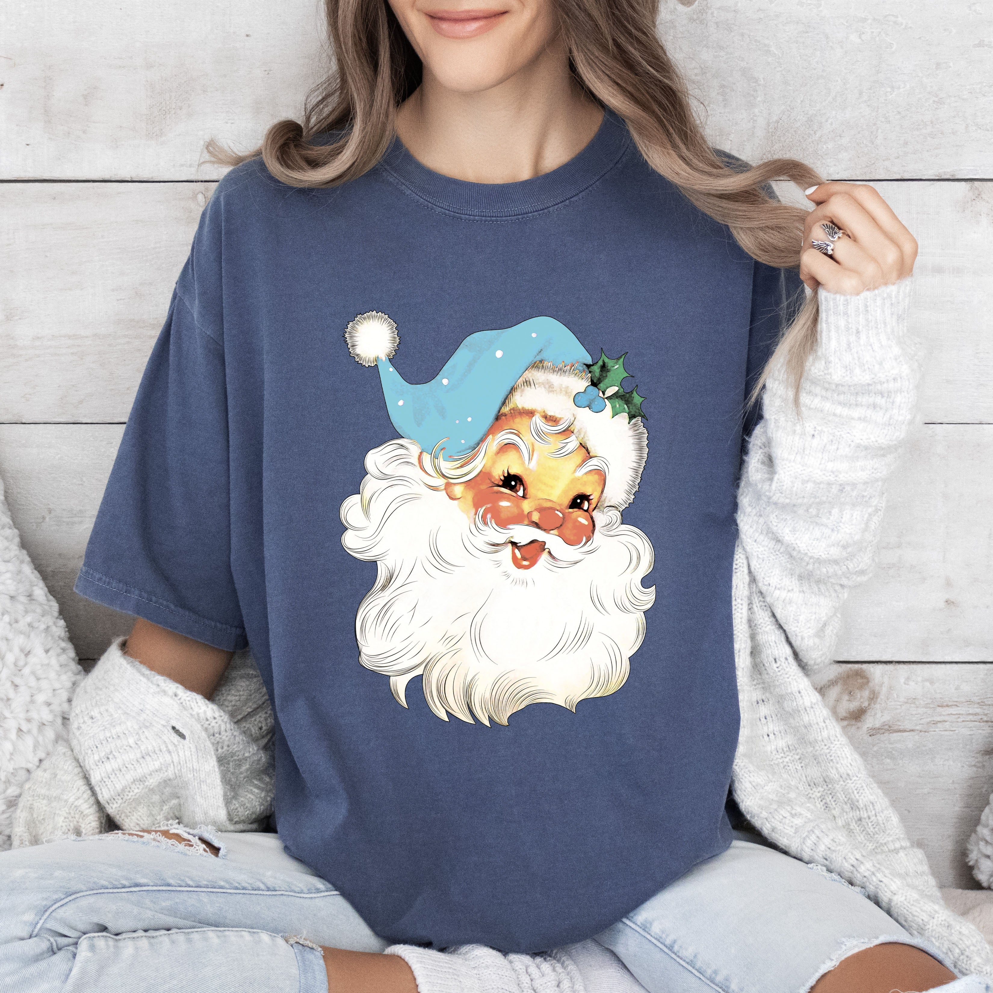 Retro Santa Blue Hat Vintage Christmas Nostalgia Artwork Edition Comfort Colors Tee