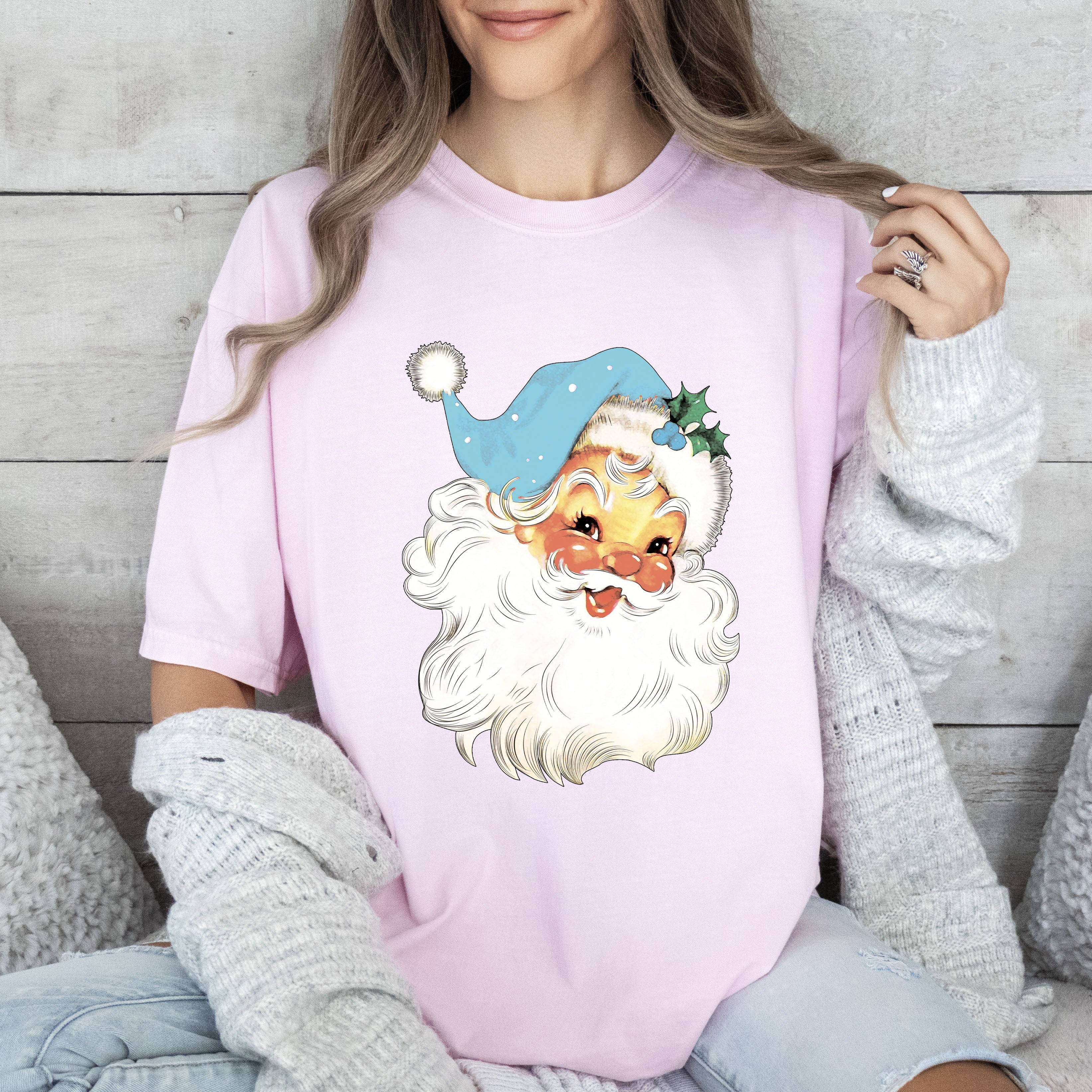 Retro Santa Blue Hat Vintage Christmas Nostalgia Artwork Edition Comfort Colors Tee