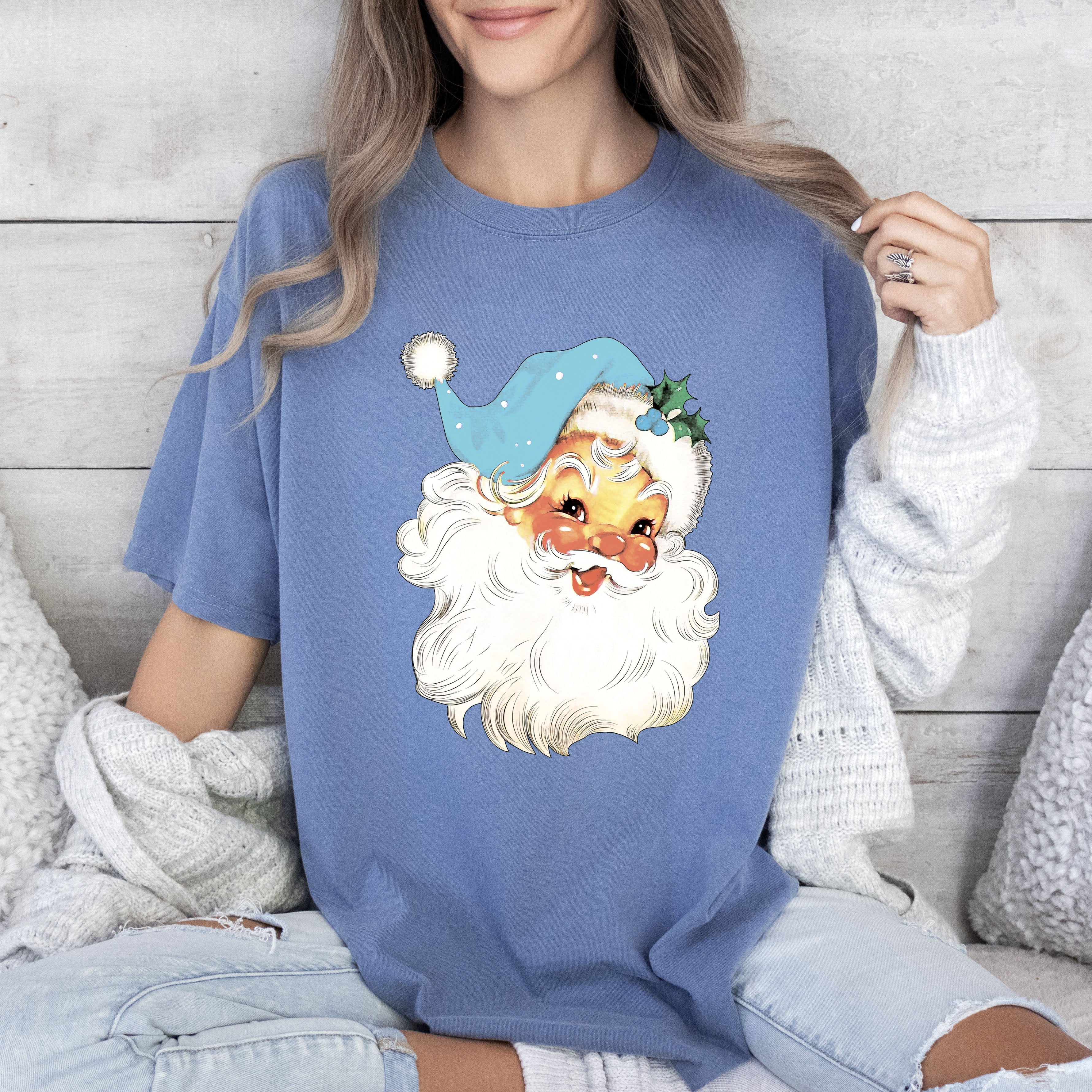Retro Santa Blue Hat Vintage Christmas Nostalgia Artwork Edition Comfort Colors Tee