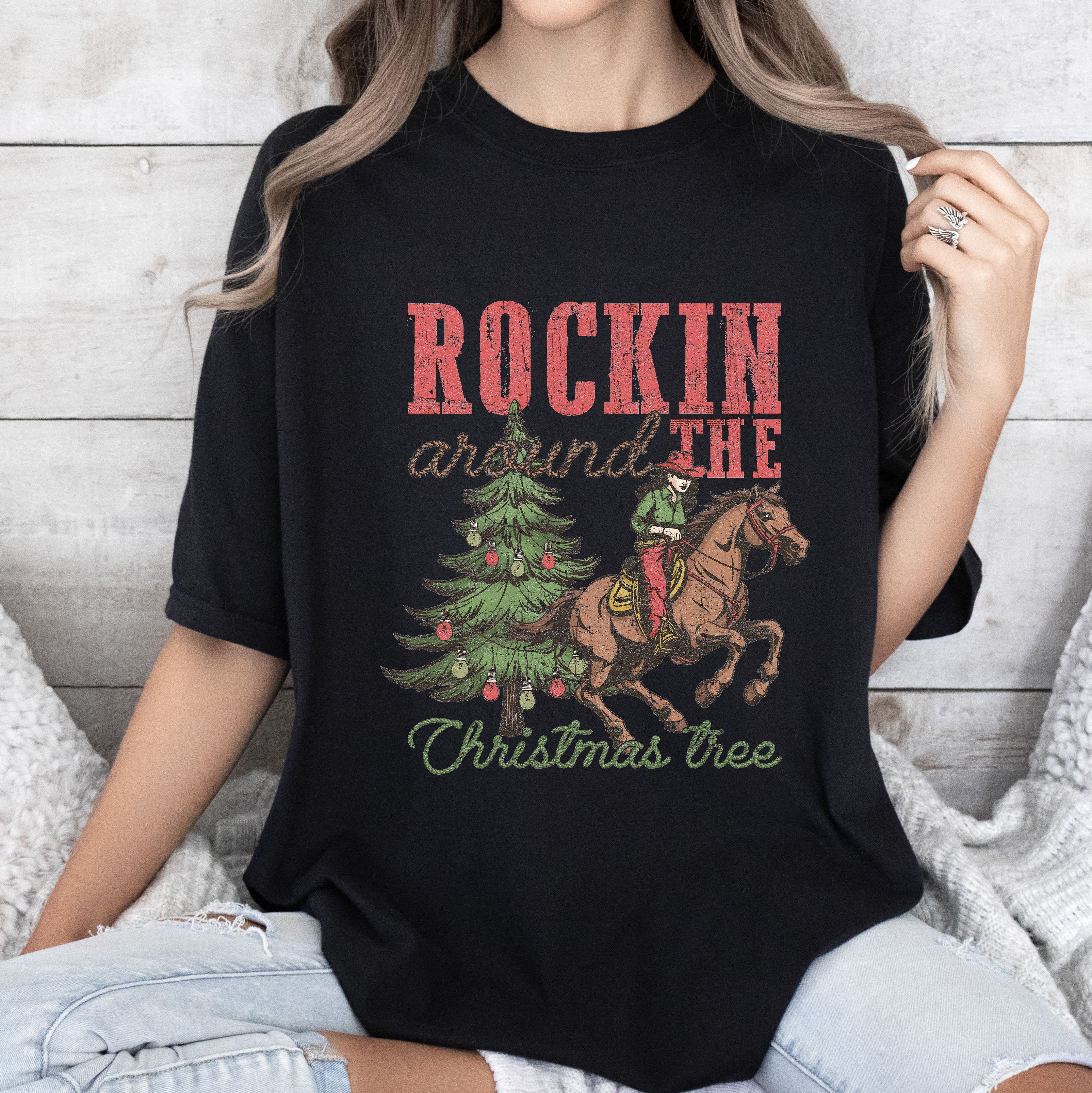 Rockin' Around The Christmas Tree Vintage Western Classic Country Style Comfort Colors Tee