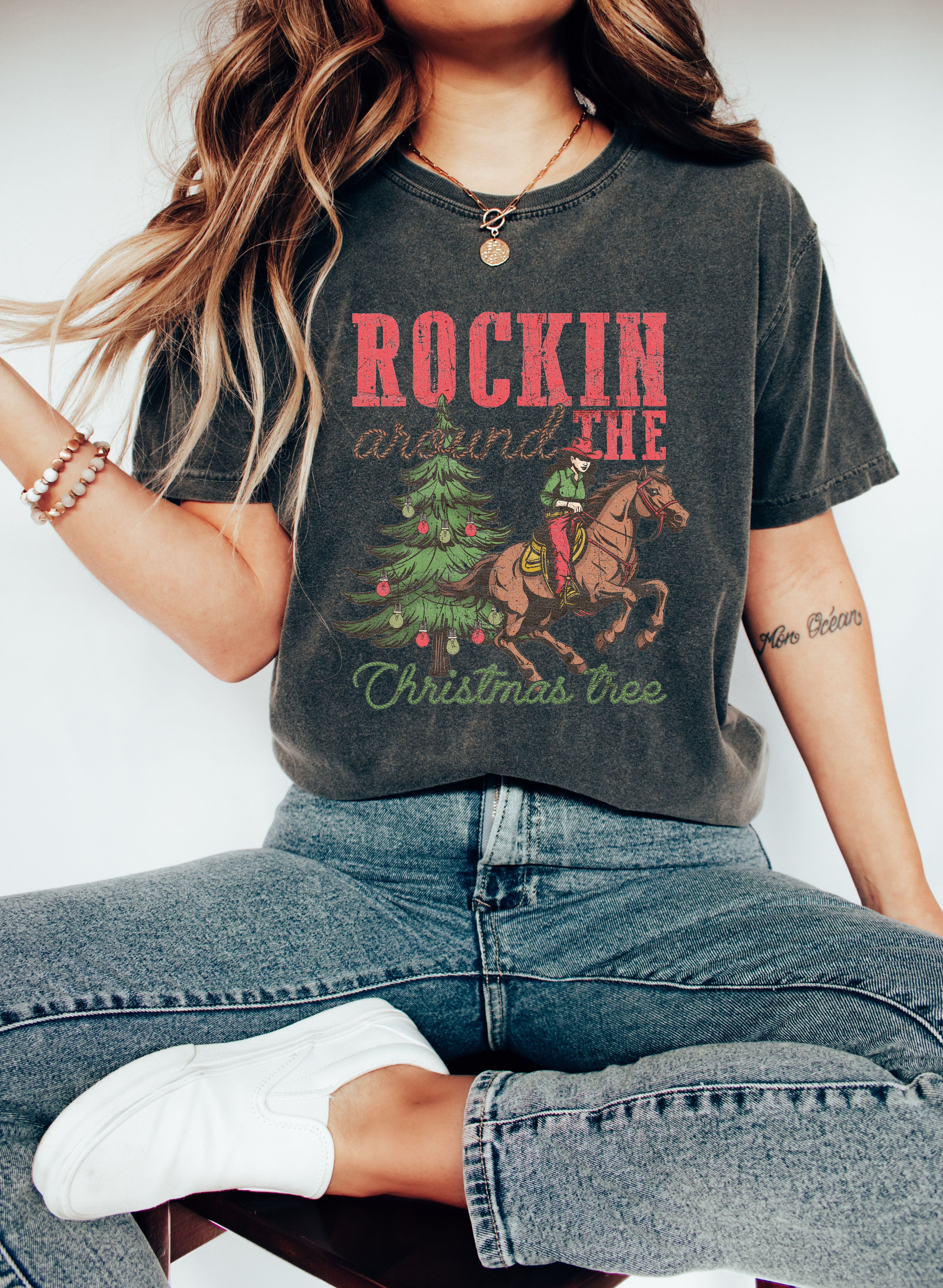 Rockin' Around The Christmas Tree Vintage Western Classic Country Style Comfort Colors Tee
