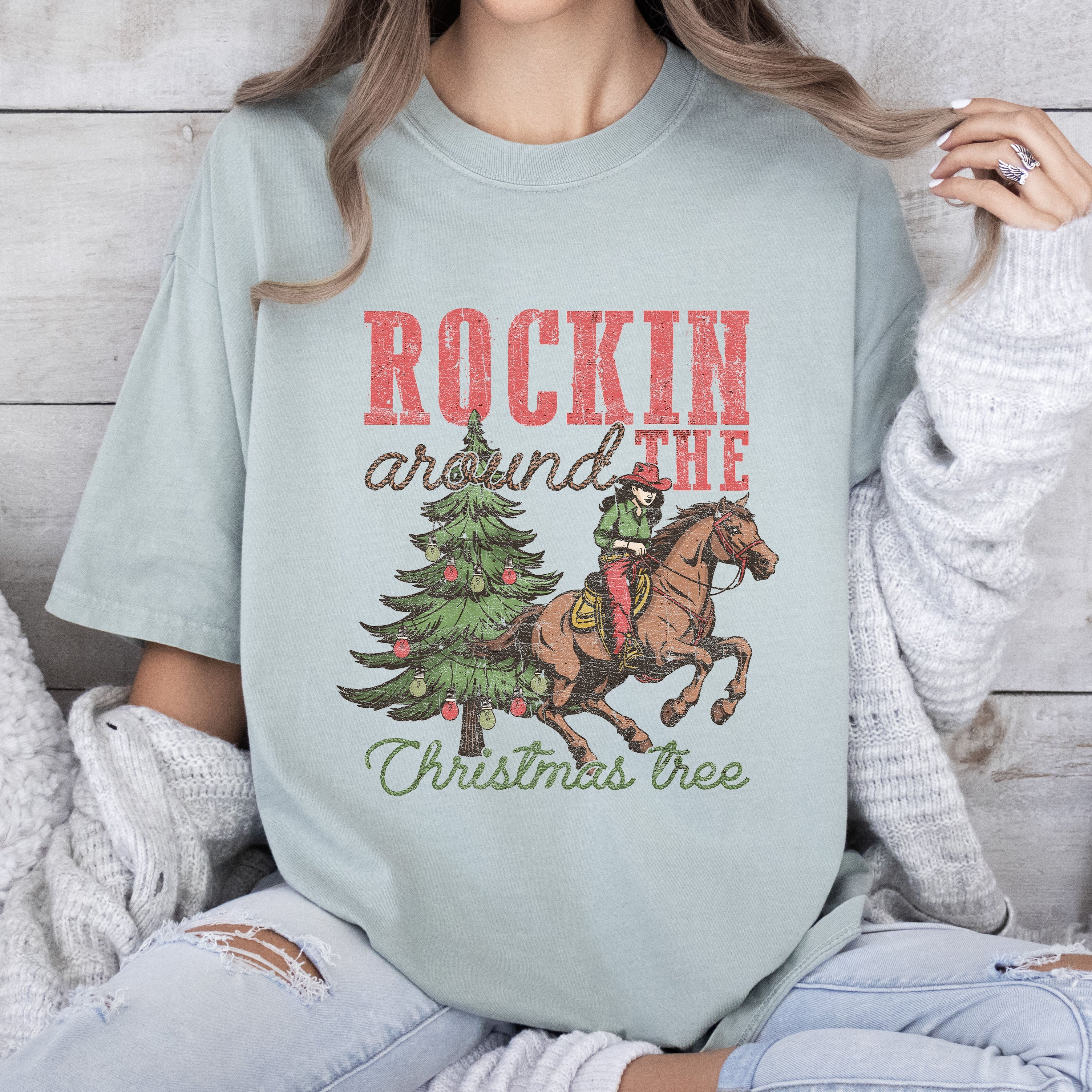 Rockin' Around The Christmas Tree Vintage Western Classic Country Style Comfort Colors Tee