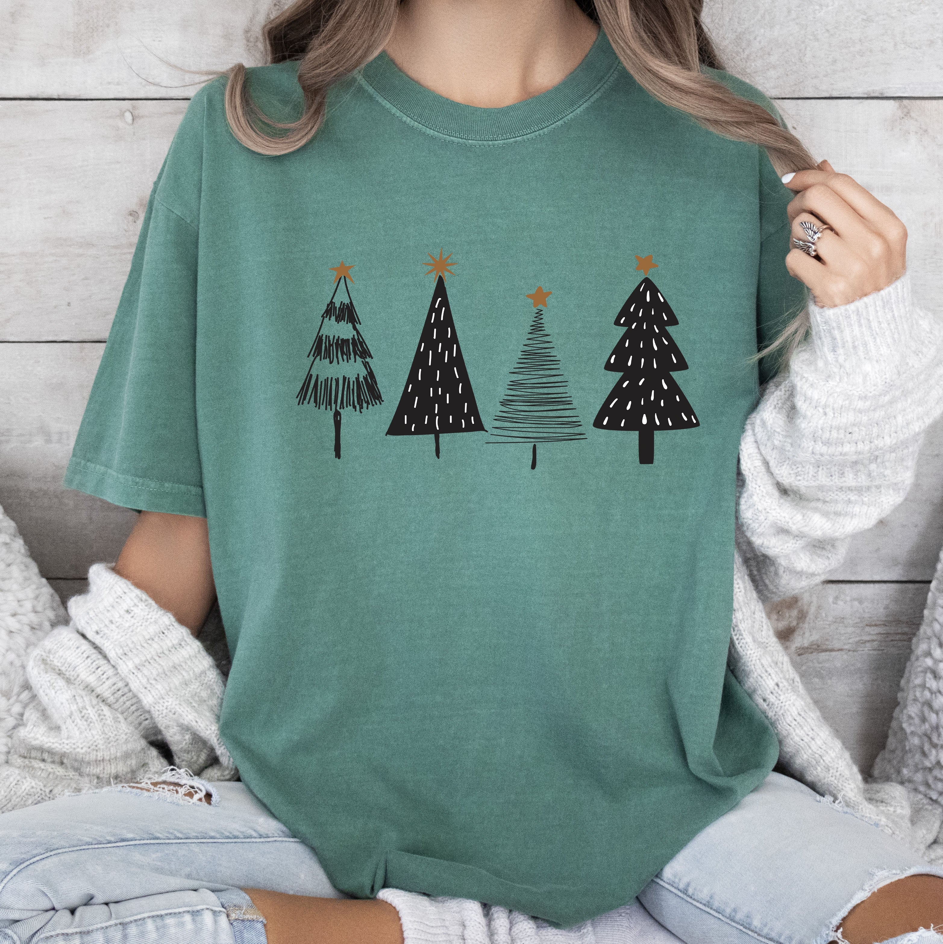 Chic Christmas Trees Bright Holiday Glow Vintage Vibe Cozy Festive Midnight Sparkle Retro Charm Comfort Colors Tee
