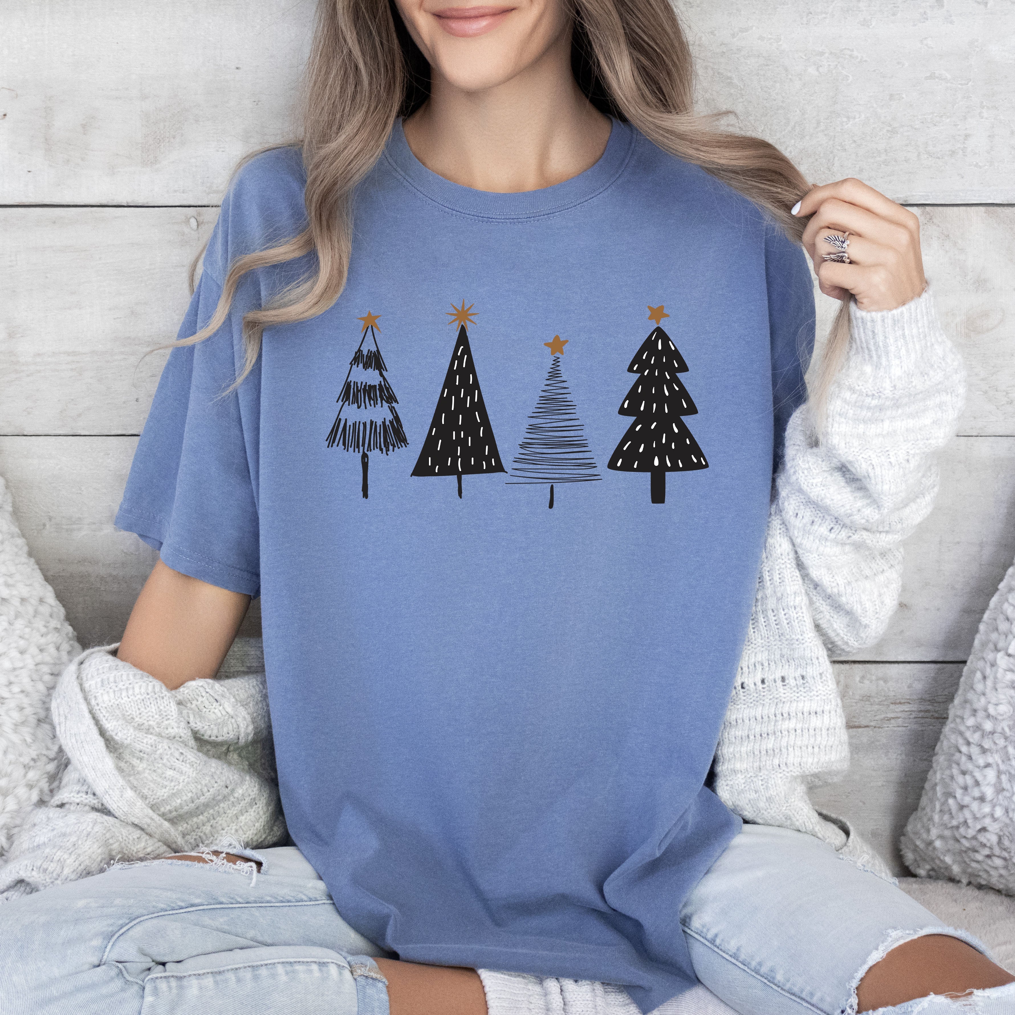 Chic Christmas Trees Bright Holiday Glow Vintage Vibe Cozy Festive Midnight Sparkle Retro Charm Comfort Colors Tee