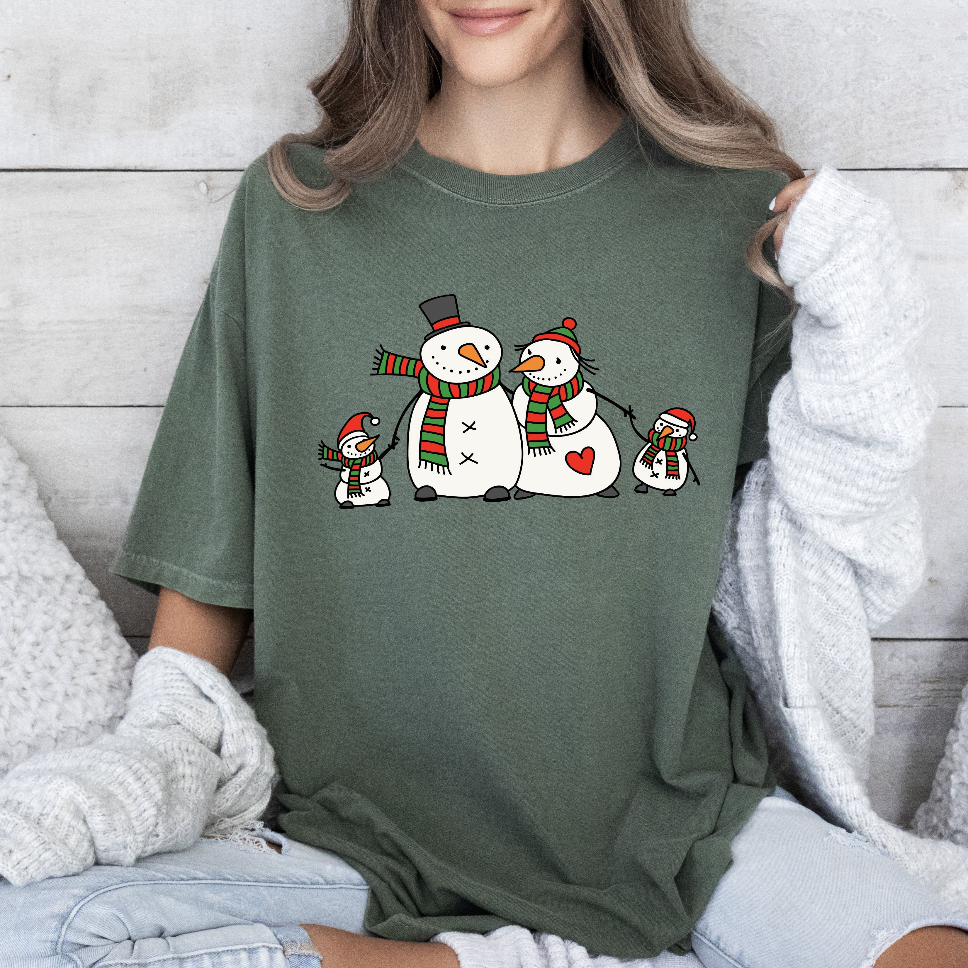 Cute Snowman Family Vintage Retro Christmas Scene With Cozy Winter Vibes Comfort Colors Tee