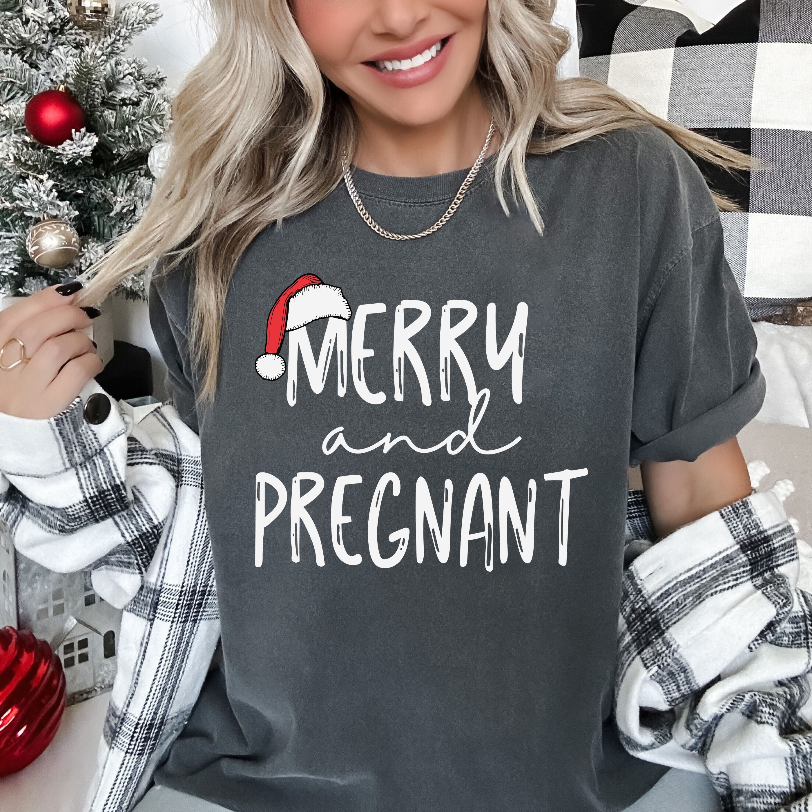 Merry And Pregnant Christmas Vintage Classic Style Edition For Expecting Moms Comfort Colors Tee