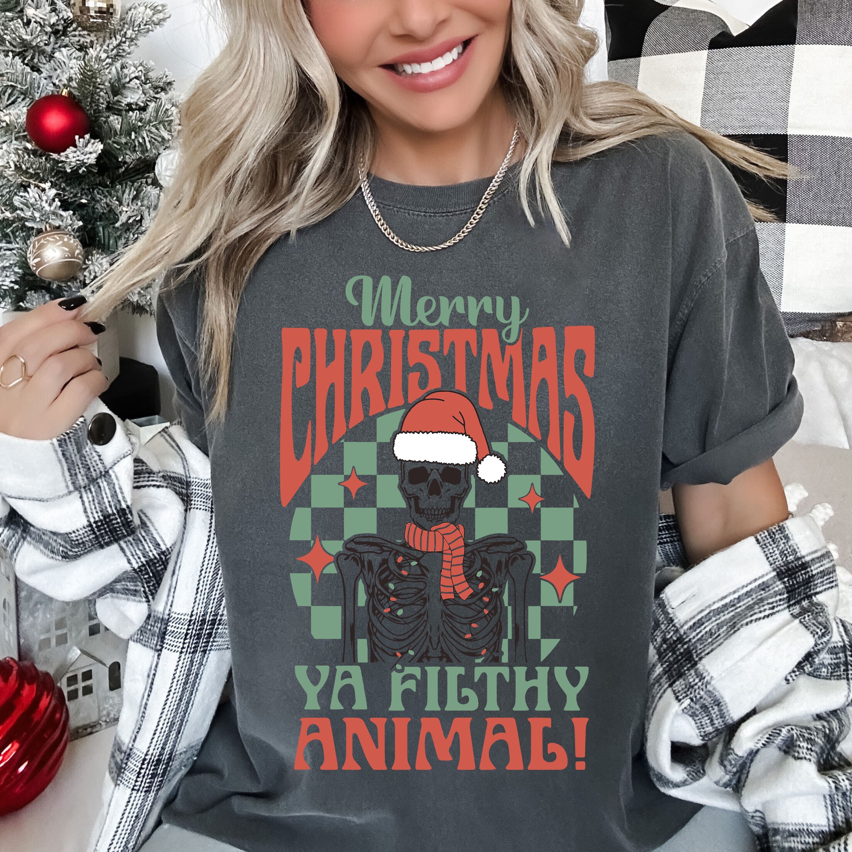Merry Christmas Ya Filthy Animal Holiday Vintage Style Graphic Comfort Colors Tee