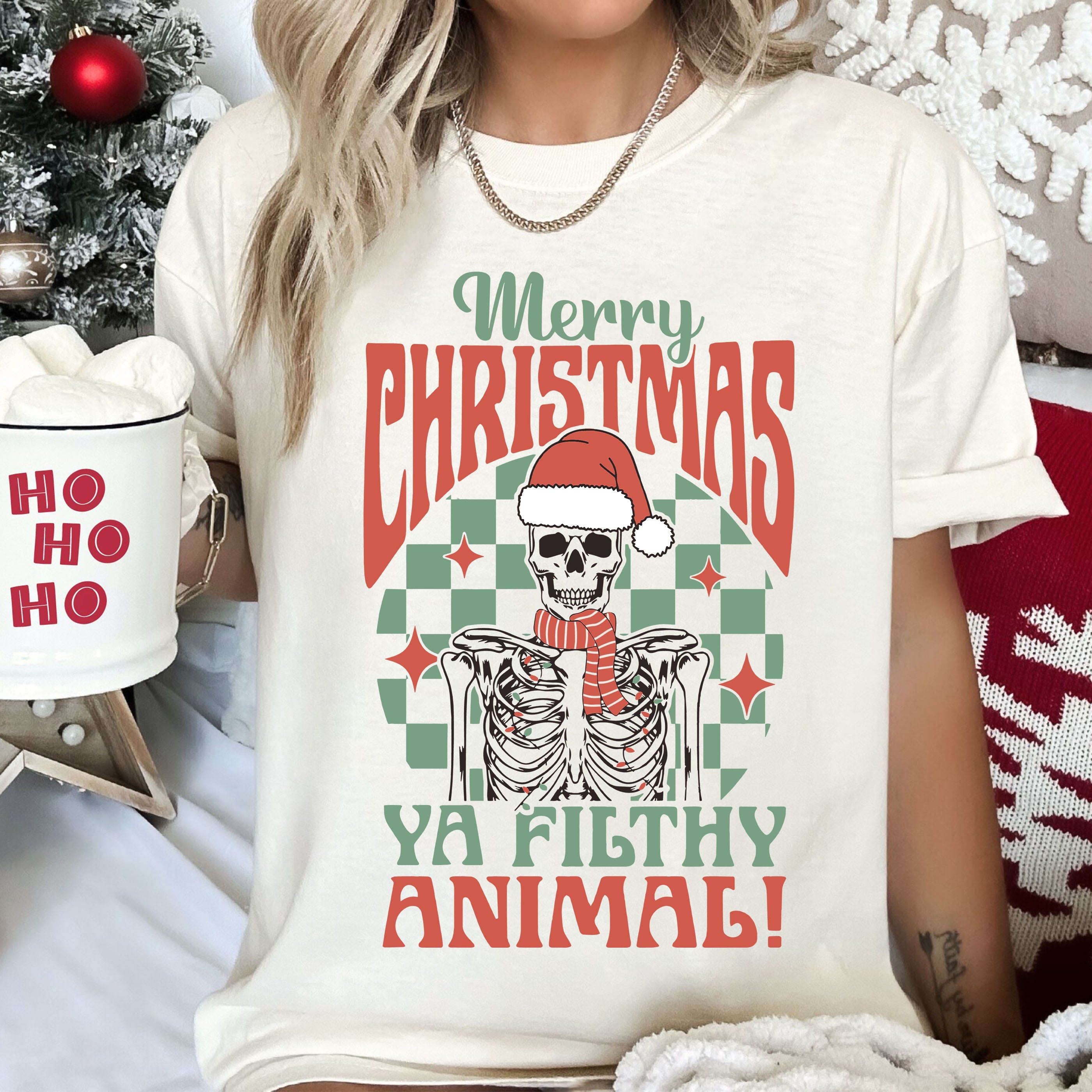 Merry Christmas Ya Filthy Animal Holiday Vintage Style Graphic Comfort Colors Tee