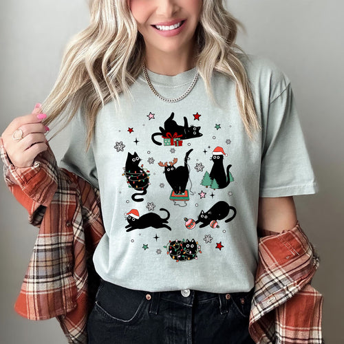 Black Cats With Santa Hat Premium Limited Edition Vintage Comfort Colors Tee For Christmas And Holiday Wear