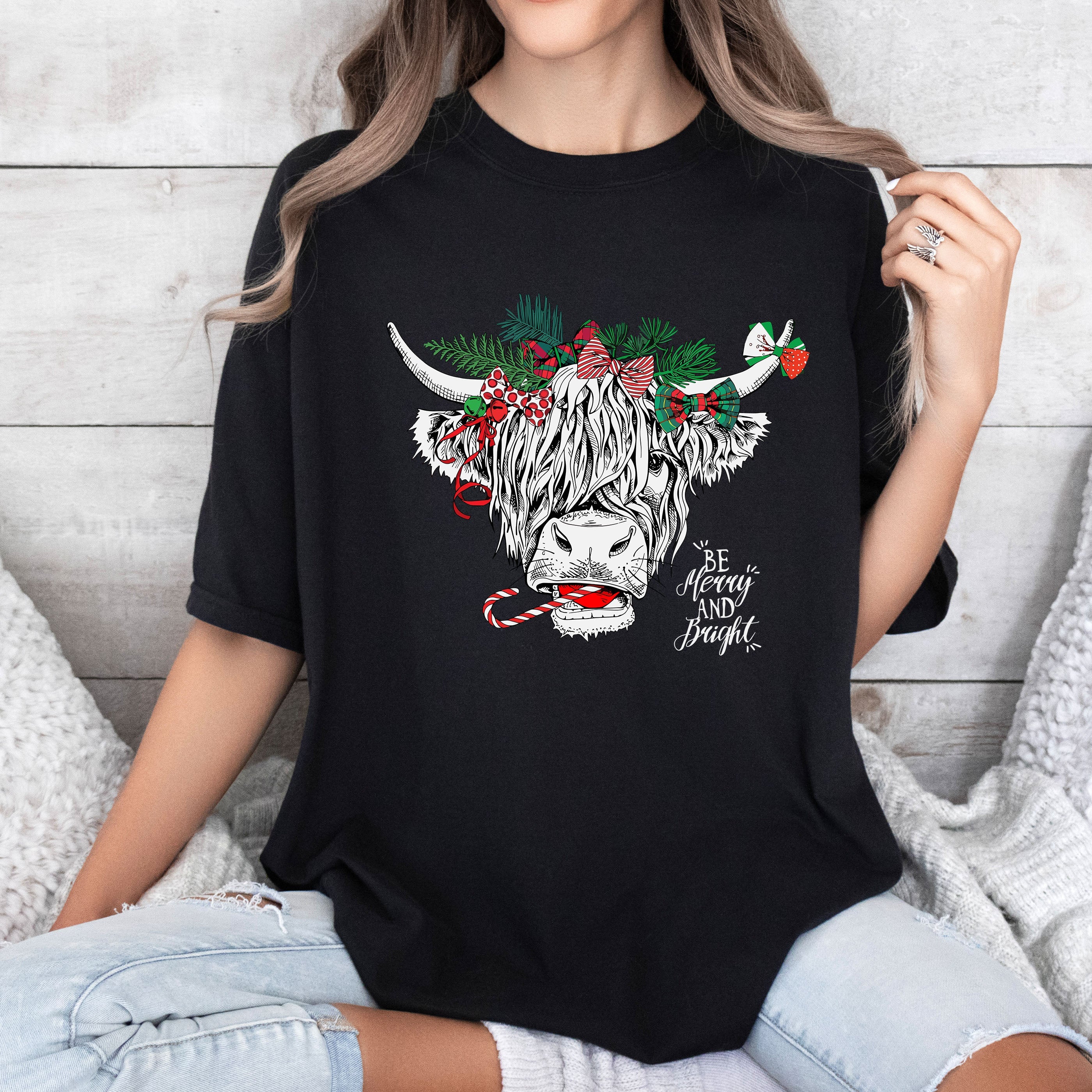 Christmas Cow Vintage Holiday Edition Classic Christmas Cow Illustration Comfort Colors Tee