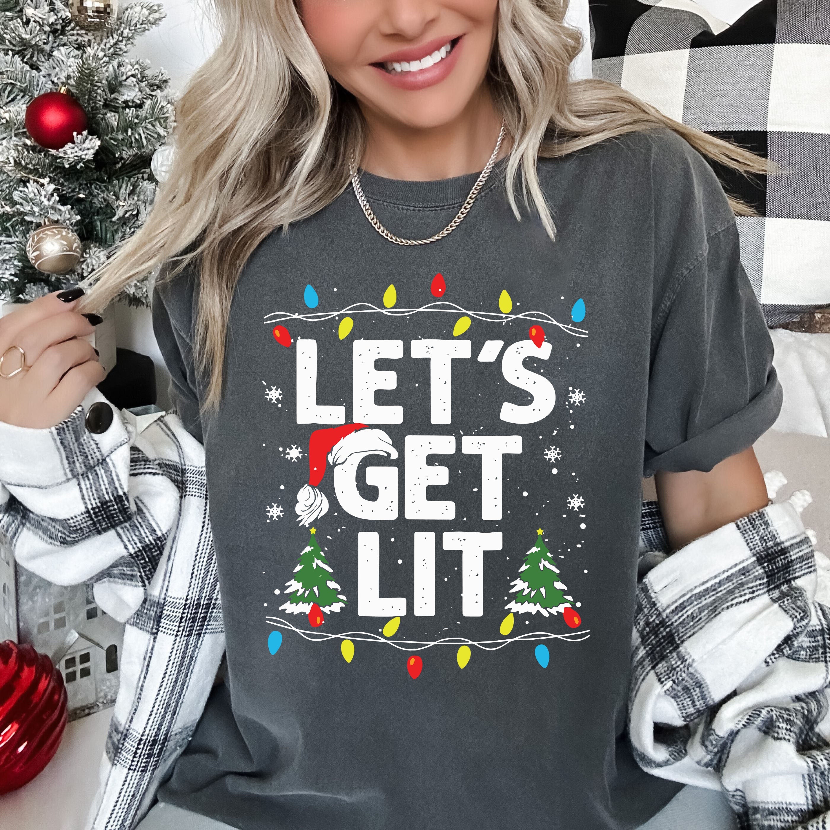 Let's Get Lit Retro Christmas Vintage Style Joyous Holiday Celebration Comfort Colors Tee