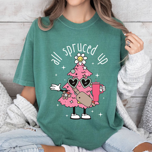 All Spruced Up Vintage Christmas Silhouette And Ornament Holly Wreath Scene Graphic Tee
