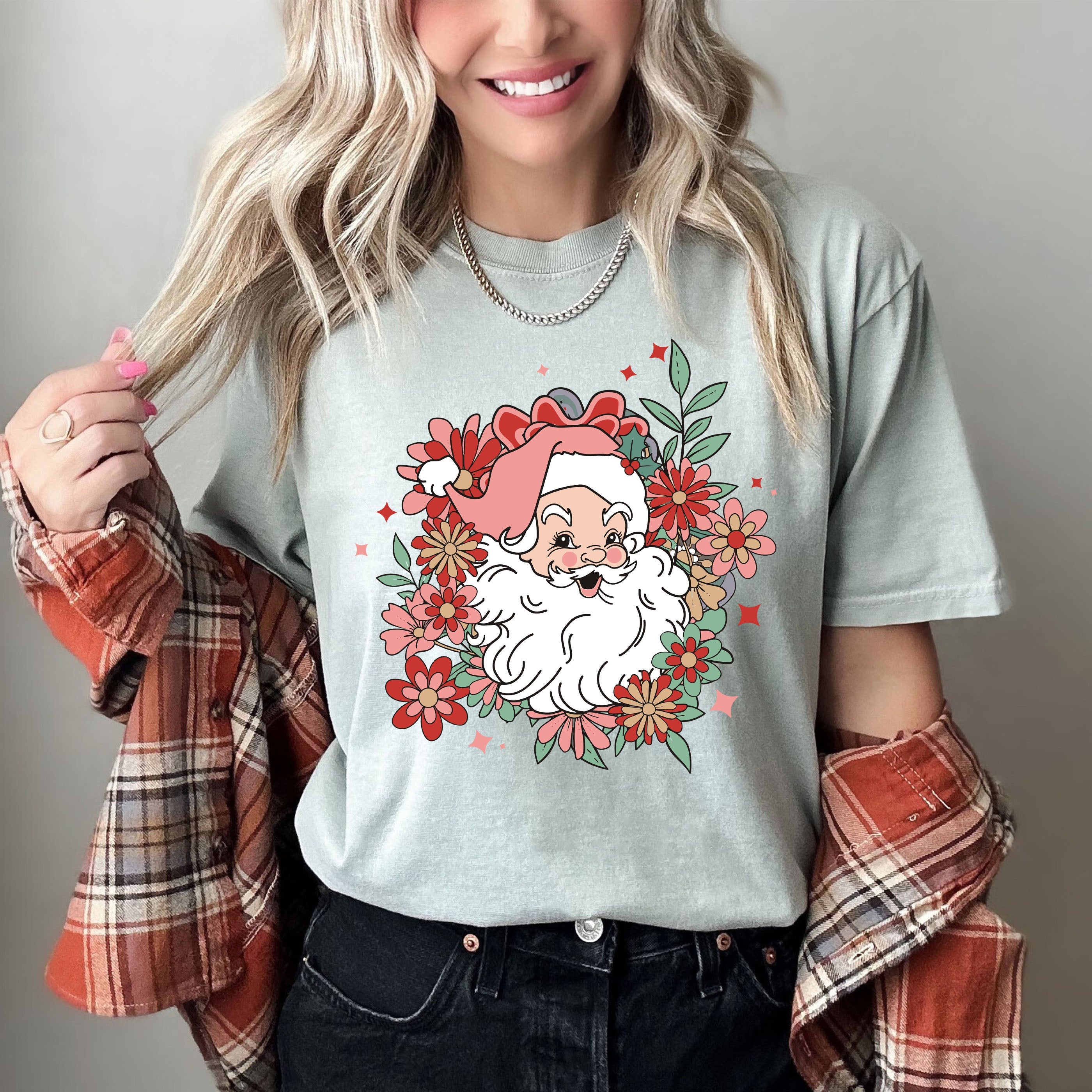 Floral Santa Retro Vintage Christmas Graphic Art Illustration Comfort Colors Tee