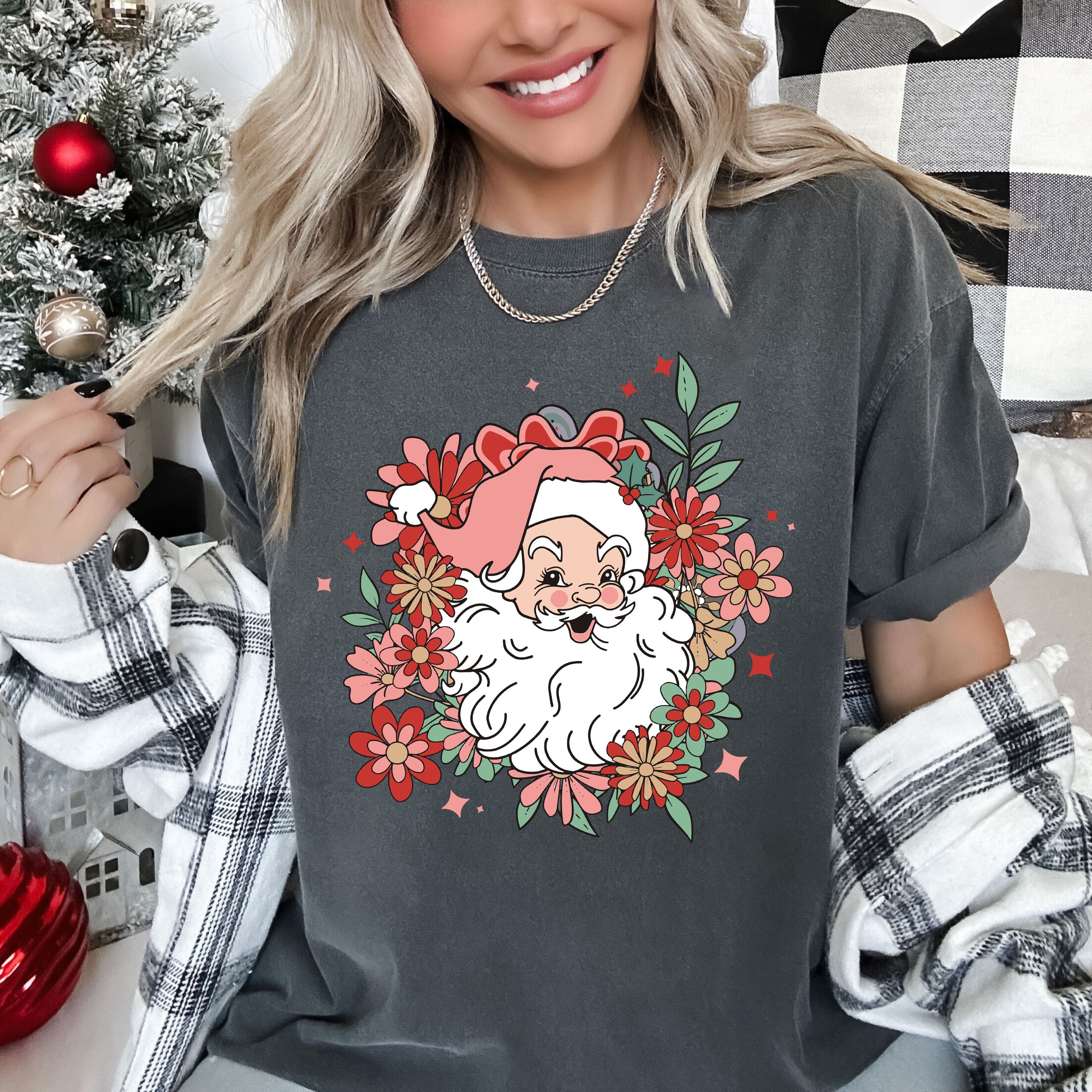 Floral Santa Retro Vintage Christmas Graphic Art Illustration Comfort Colors Tee