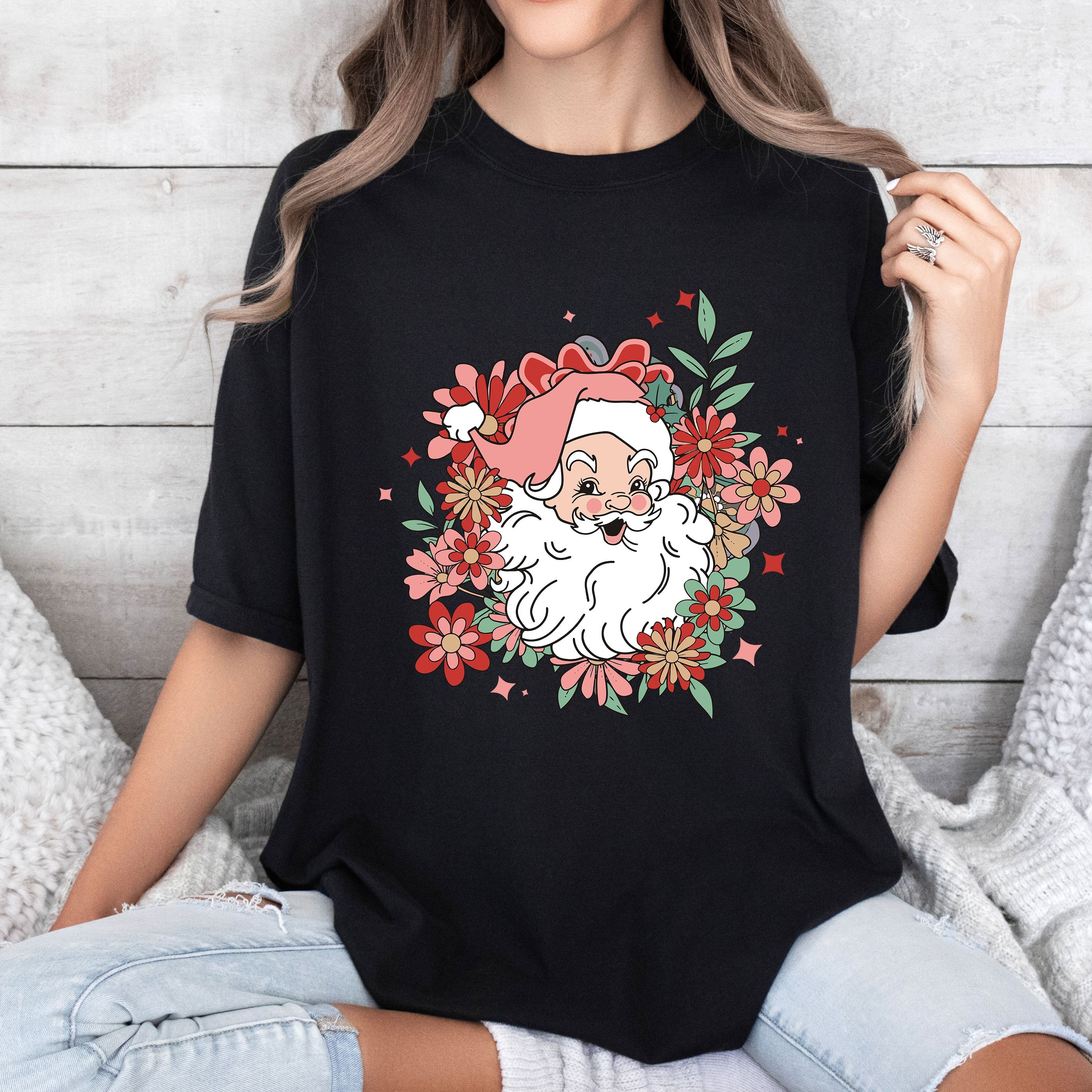 Floral Santa Retro Vintage Christmas Graphic Art Illustration Comfort Colors Tee