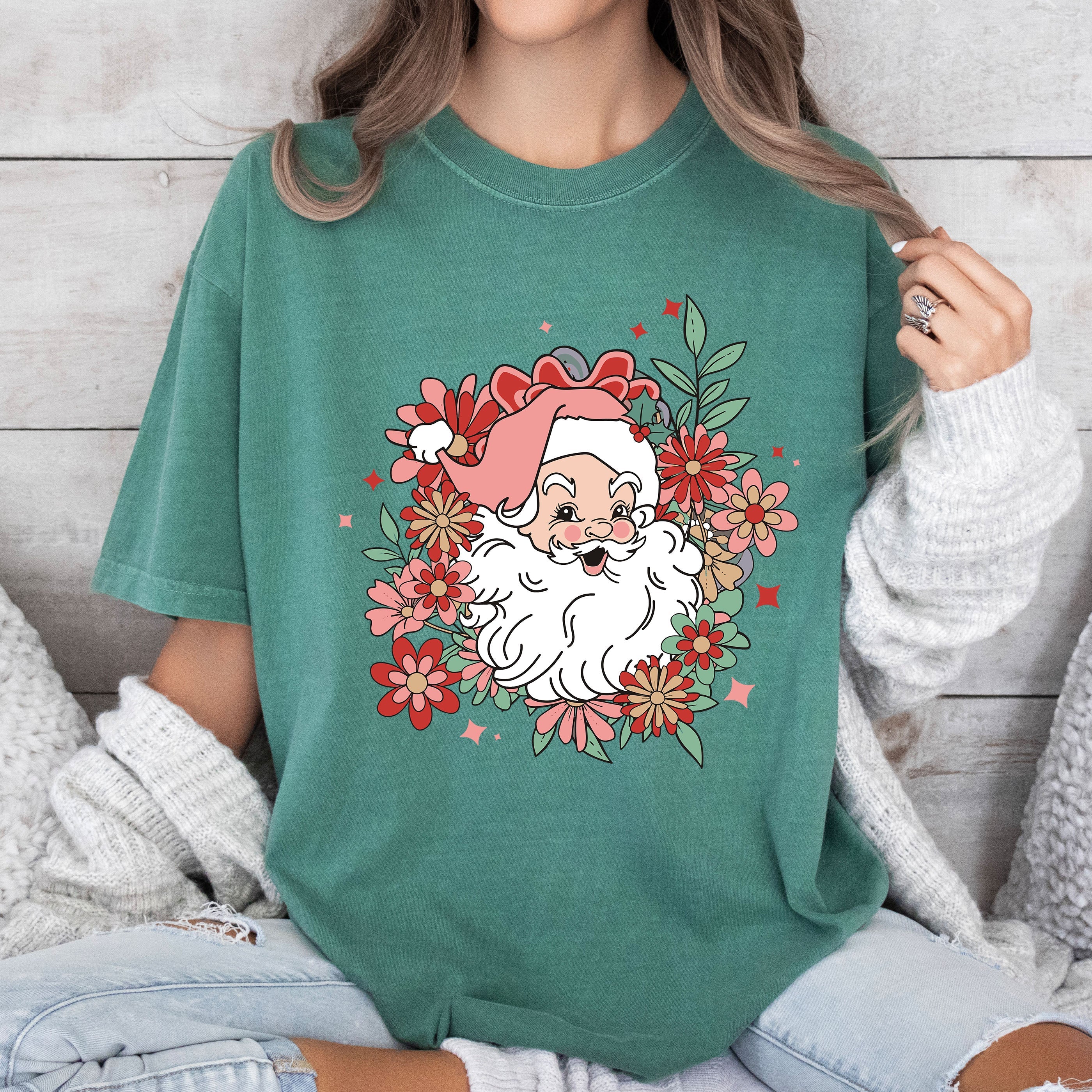 Floral Santa Retro Vintage Christmas Graphic Art Illustration Comfort Colors Tee
