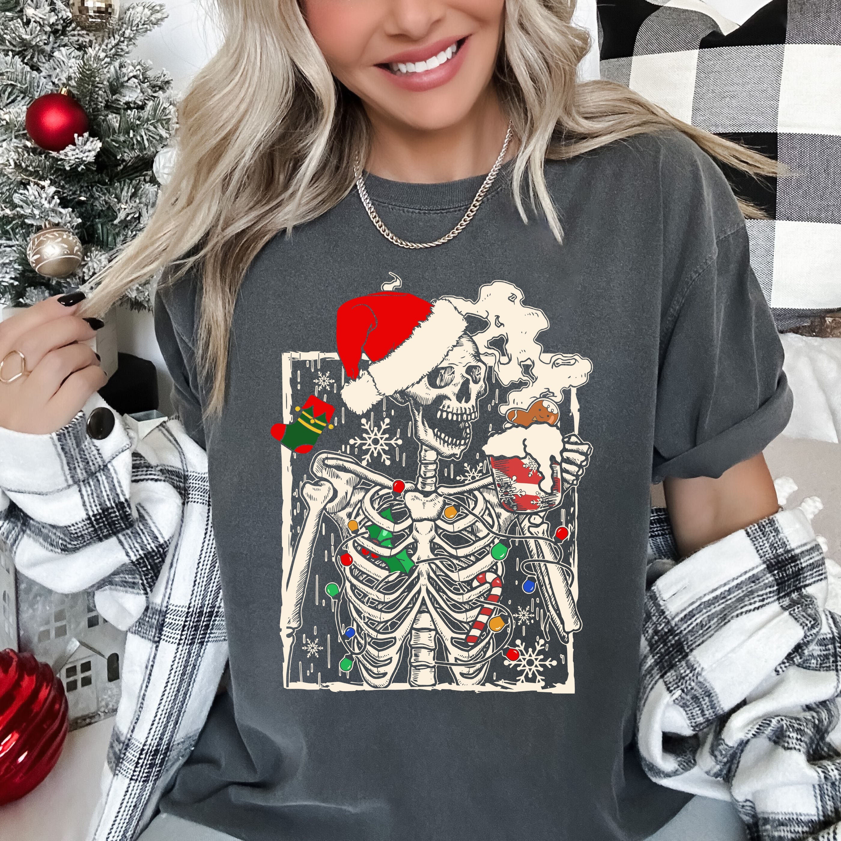 Funny Skeleton Christmas Coffee Seasonal Humor Edition Vintage Comfort Colors Tee