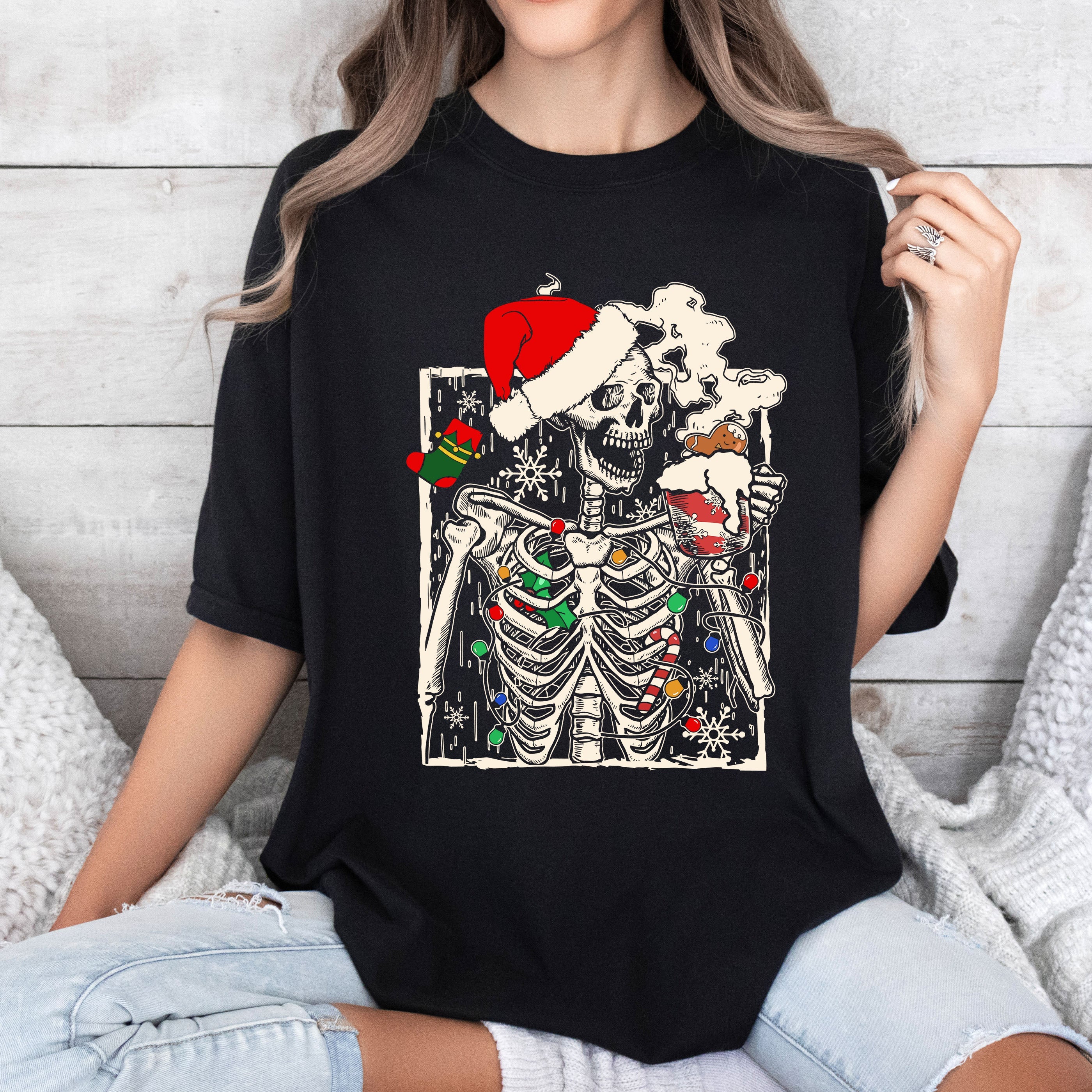 Funny Skeleton Christmas Coffee Seasonal Humor Edition Vintage Comfort Colors Tee