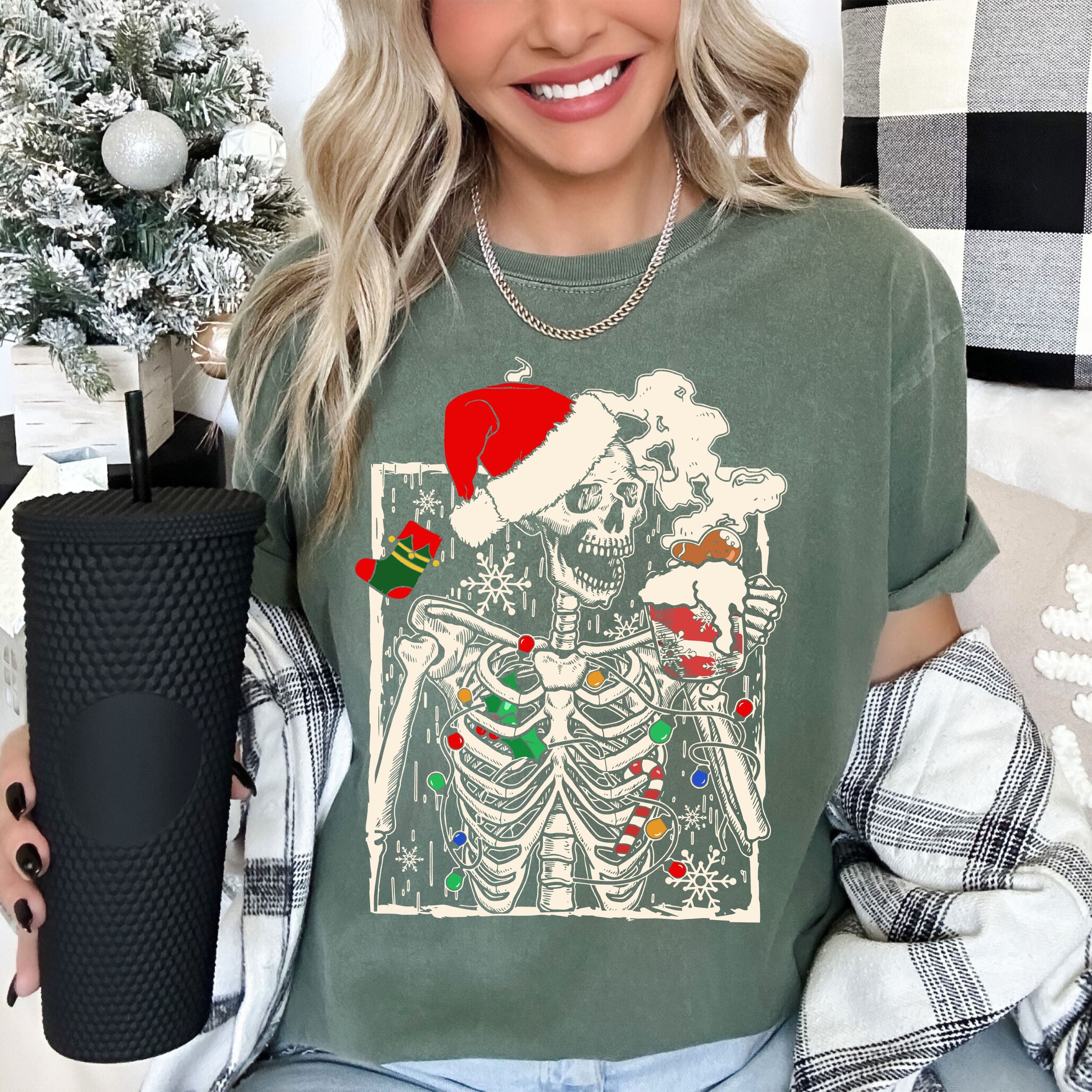 Funny Skeleton Christmas Coffee Seasonal Humor Edition Vintage Comfort Colors Tee