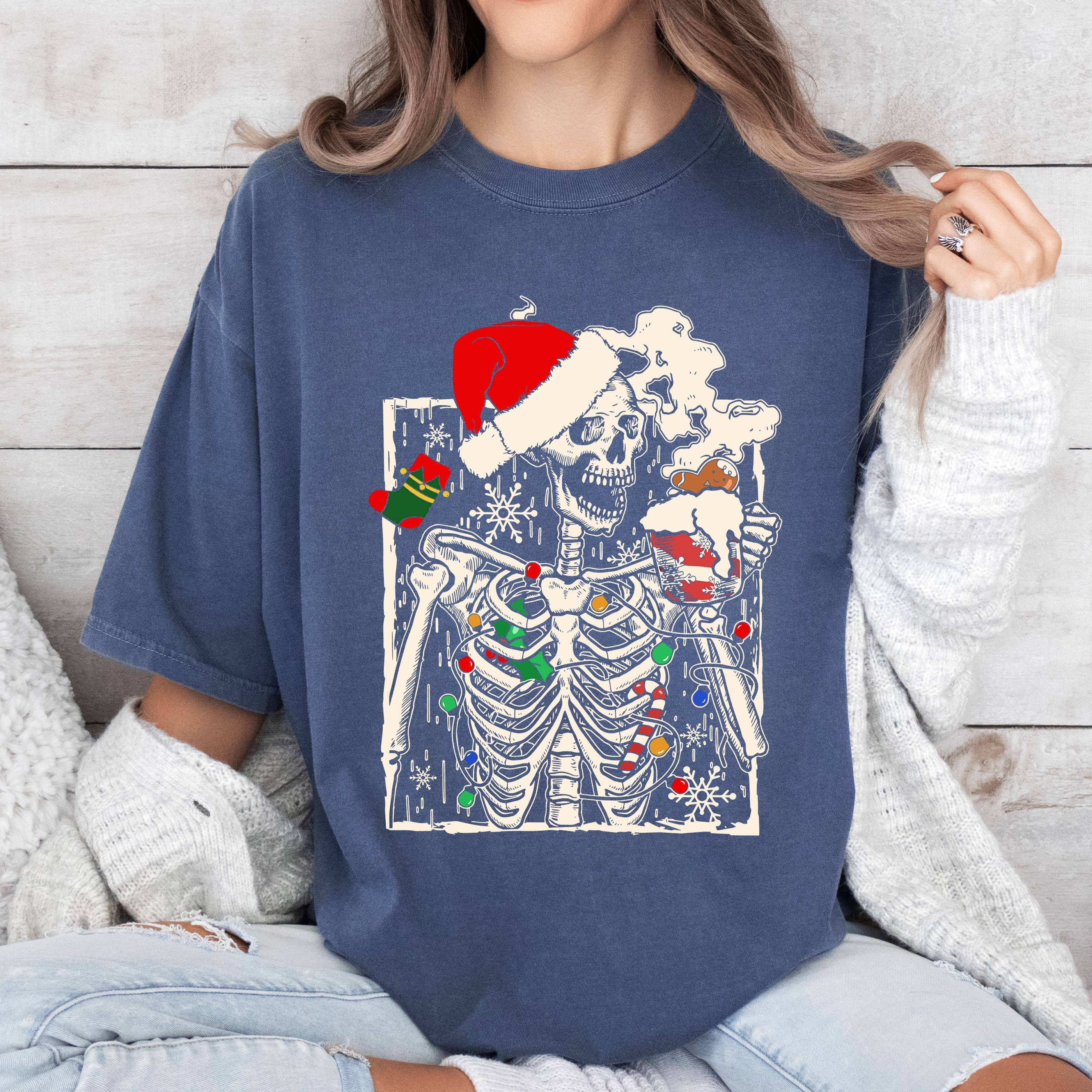 Funny Skeleton Christmas Coffee Seasonal Humor Edition Vintage Comfort Colors Tee