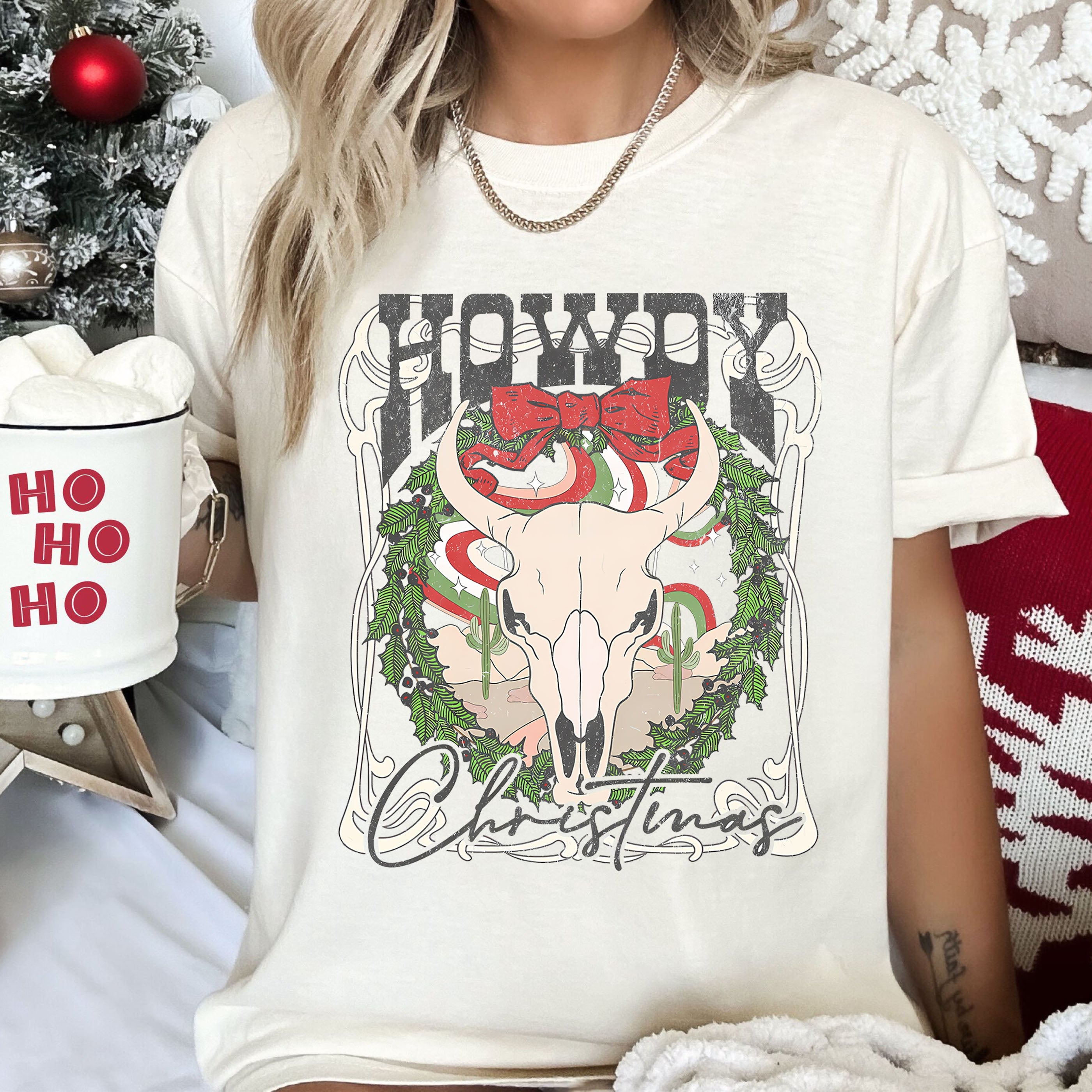 Howdy Christmas Boho Skull Vintage Classic Christmas Cozy Festive Comfort Colors Tee