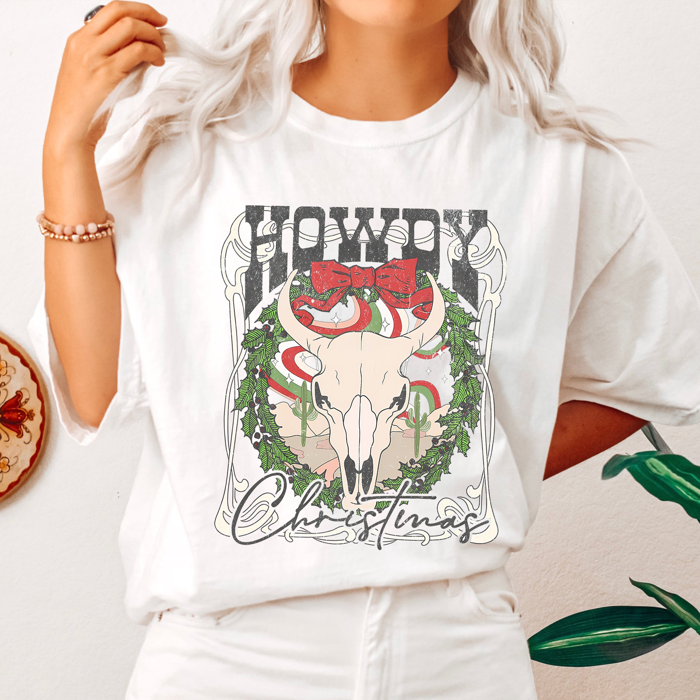 Howdy Christmas Boho Skull Vintage Classic Christmas Cozy Festive Comfort Colors Tee