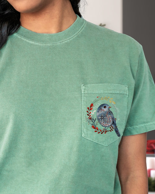 Christmas Bird Pocket Folk Art Santa Winter Snow Xmas Flowers Floral Comfort Colors Tee