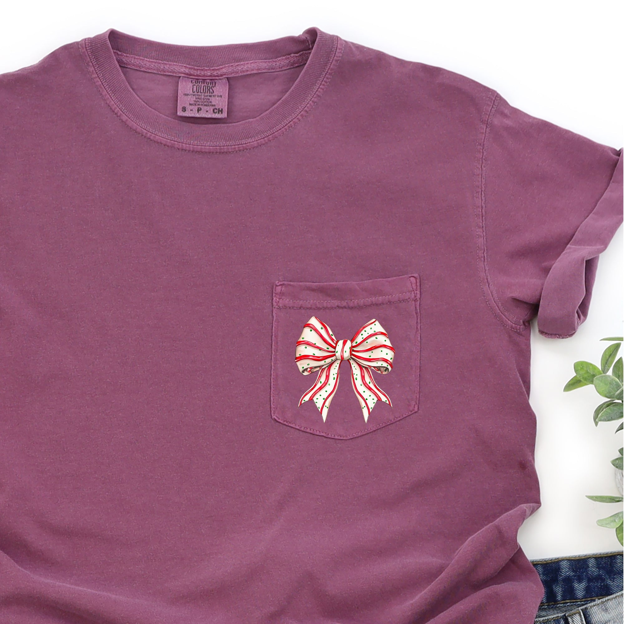 Christmas Cake Ribbon Bow Festive Holiday Vintage Inspired Classic Timeless Festival Favorite Comfort Colors Tee